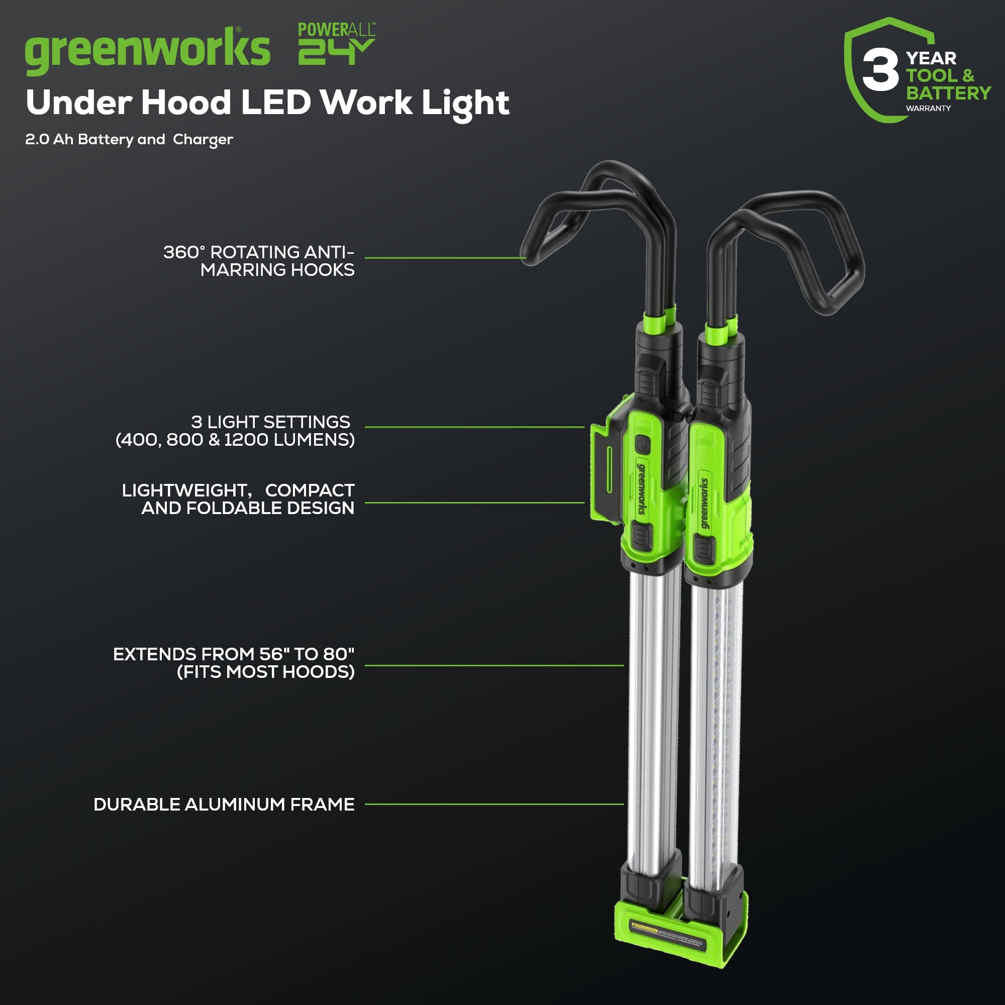 24V Cordless Under Hood Work Light - Rechargeable LED Light for Car Engine Repair, Auto Maintenance, and DIY Projects (Tool Only) - Perfect for Mechanics and Home Garage Use