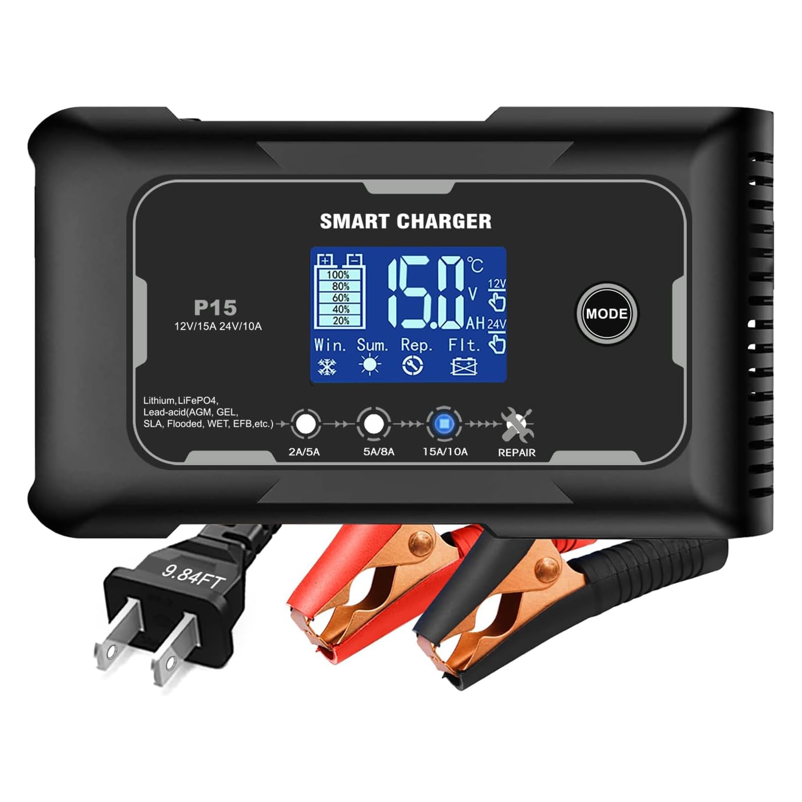 15A Smart LiFePO4 Battery Charger - 12V/24V Fully Automatic Charger for AGM/Gel/SLA/Lead-Acid & Lithium Iron Batteries - Pulse Repair & Deep Cycle Maintenance - Perfect for Cars, Boats, RVs & Solar Power Systems