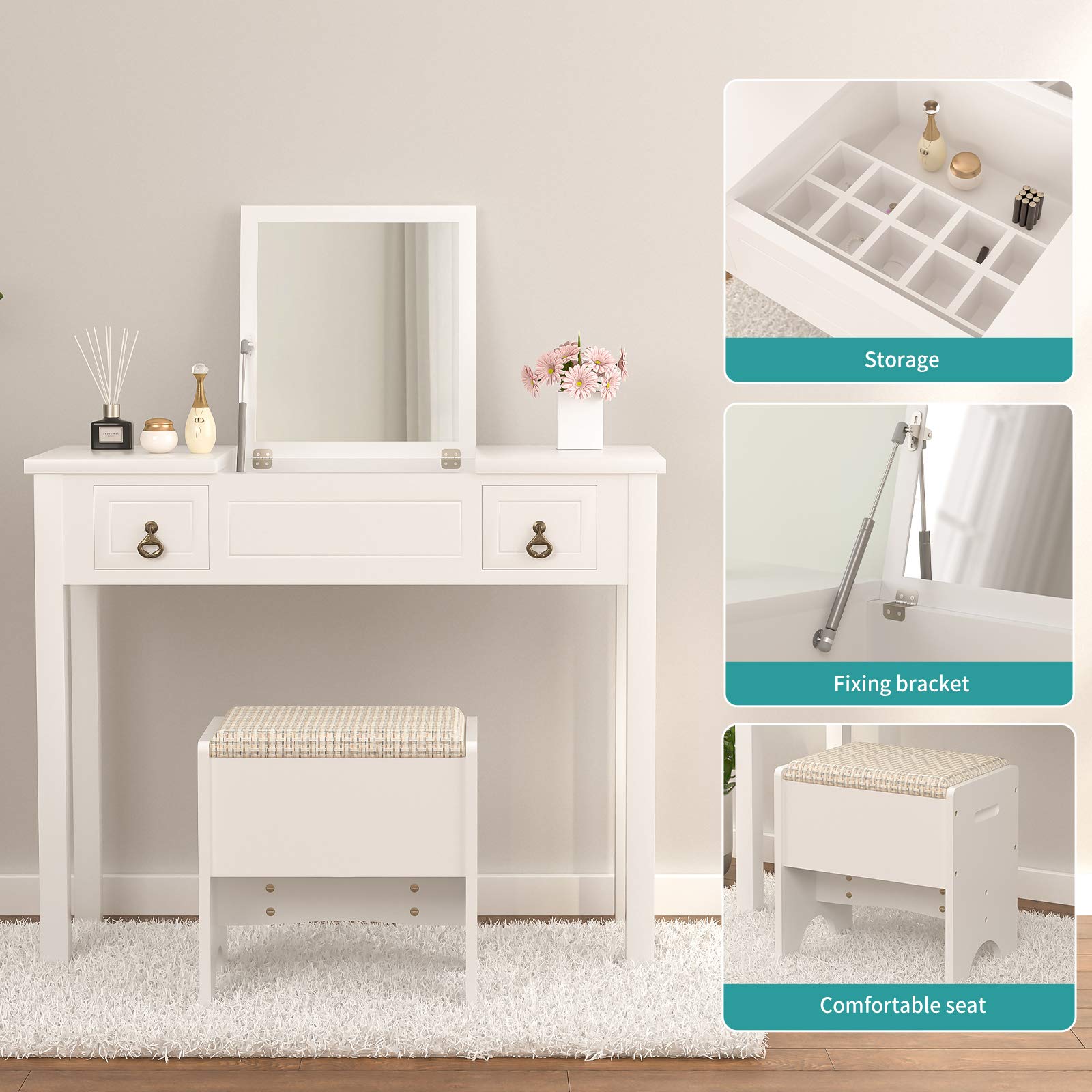 White Makeup Vanity Set with Flip Top Mirror, Cushioned Stool & 2 Drawers - 3 Removable Organizers, Writing Desk for Bedroom, Bathroom - Perfect for Girls, Women & Teens Beauty Routine, Dressing Table & Study Space