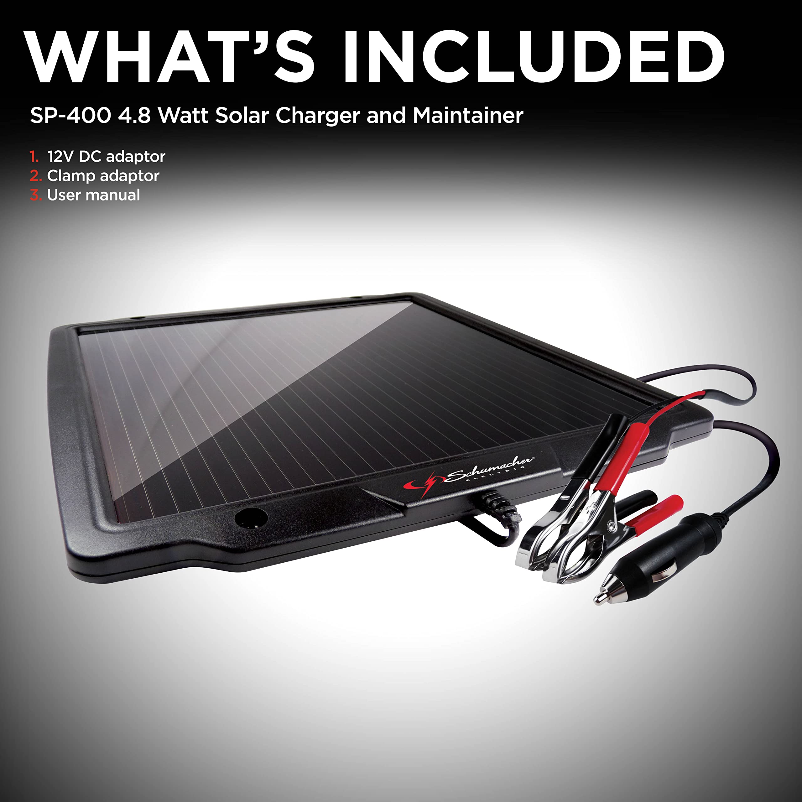 Schumacher SP-400 12V 4.8W Solar Battery Maintainer with Waterproof Design & Amorphous Solar Tech - Ideal for Motorcycle, Car, Truck, RV, Marine & Powersport Batteries - Perfect for Off-Grid Camping, Winter Storage & Long-Term Vehicle Maintenance