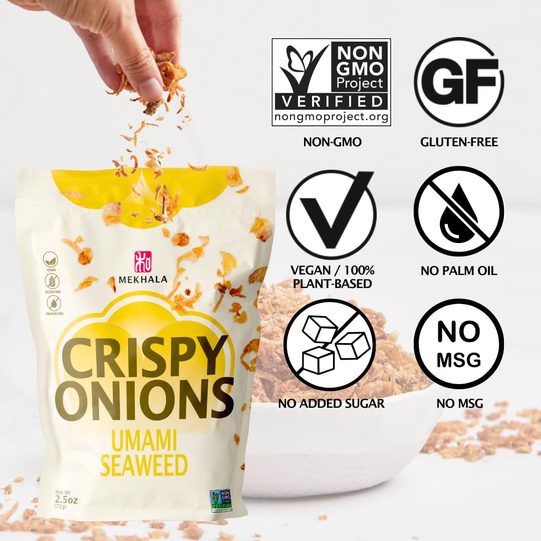 **Mekhala Umami Seaweed Crispy Onions - Gluten-Free Crunchy Fried Onion Toppings for Salads, Ramen, Rice & Keto Meals | All-Purpose Seasoning | 2.5oz | Perfect for Garnishing, Snacking & Cooking**