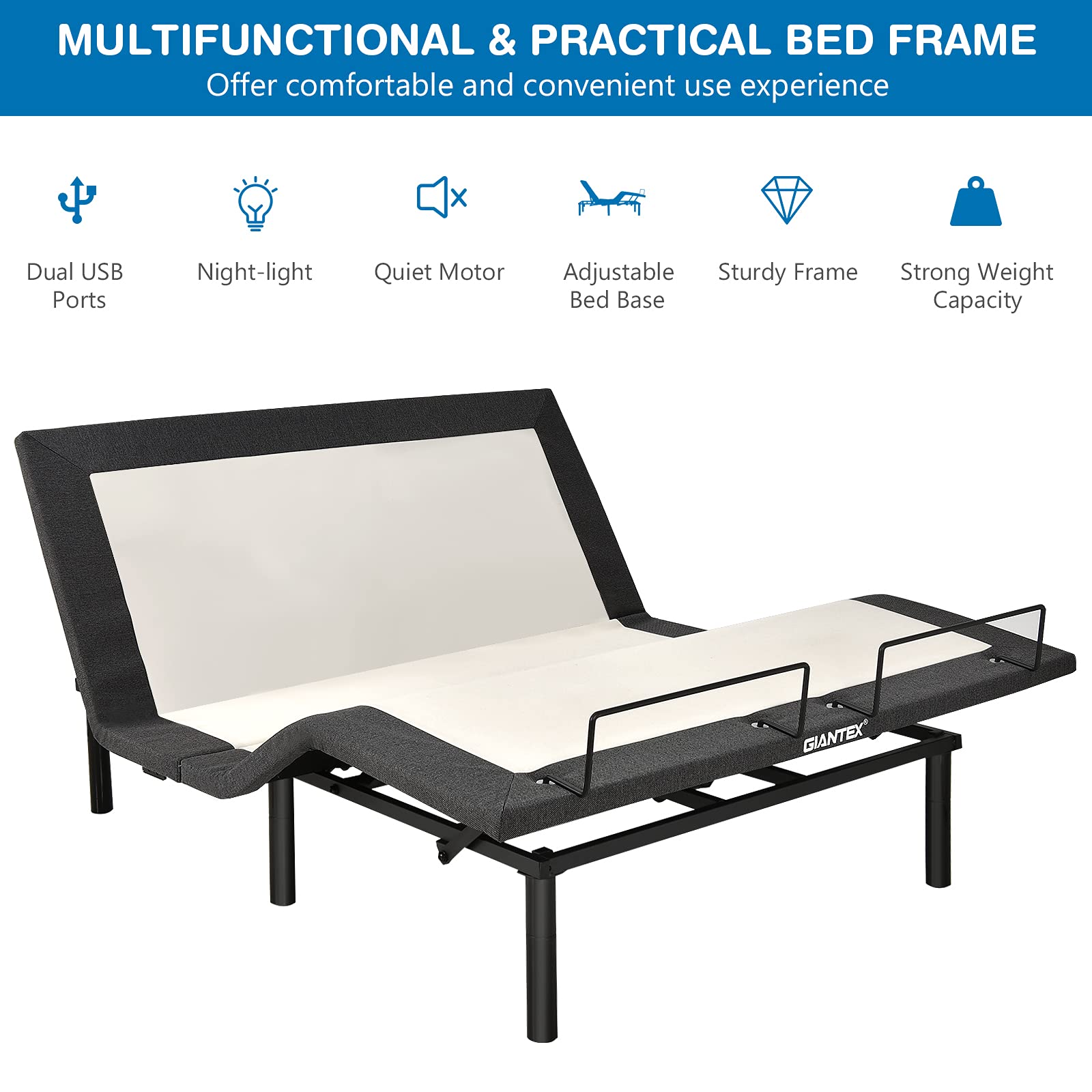 Giantex Queen Size Adjustable Bed Base with Remote Control - Zero Gravity Electric Bed Frame with Head & Foot Incline, Vibration Massage, USB Charging Ports, Under-Bed LED Nightlight, Preset & Memory Positions - Perfect for Home, Office, or Hospital Use