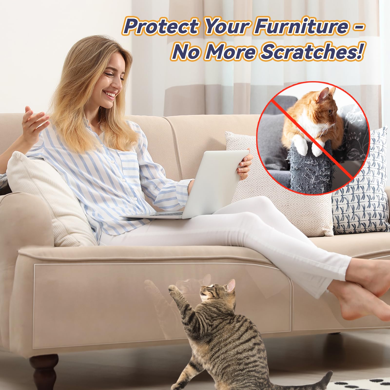 NO PINS Hurt Cat Scratch Furniture Protector - 10Pcs Double Thick Clear Couch Protector for Cat Claws, Strong Adhesive Anti-Scratch Sofa Guard | Perfect for Leather Couches, Sectionals & Pet-Friendly Homes