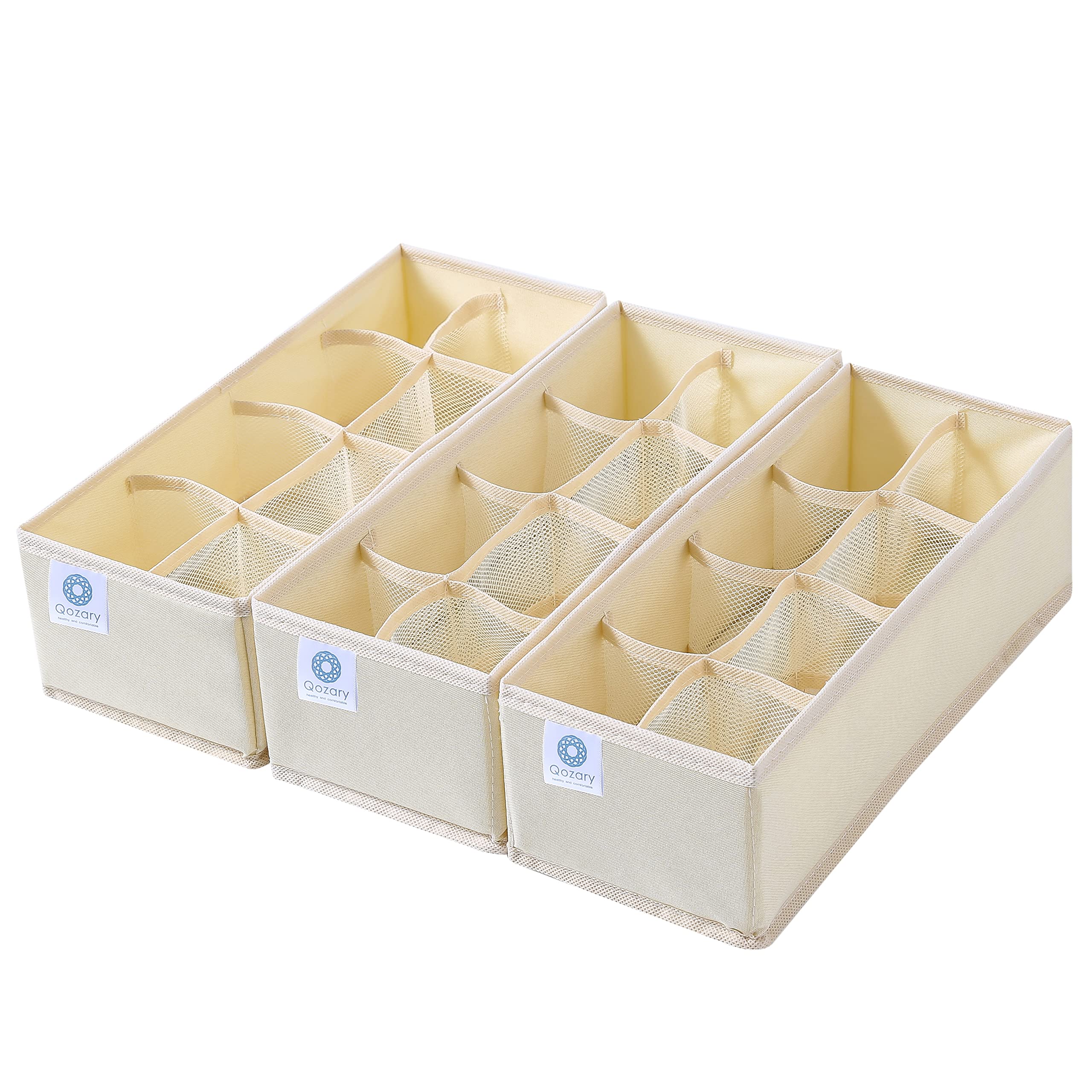 Qozary 3-Pack Collapsible Drawer Organizer Dividers - Storage Box for Socks, Underwear, Lingerie, Ties & Belts | Space-Saving Closet & Cabinet Organizer for Bedroom, Baby Clothes & Home Organization