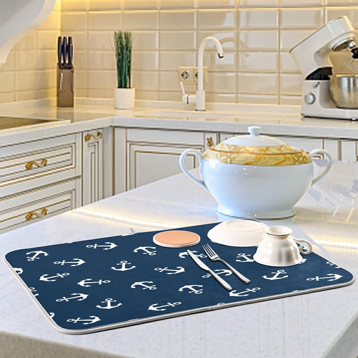 16x18 Marine Anchor Dish Drying Mat - Super Absorbent Kitchen Dish Drainer Pad | Fast Dry Non-Slip Kitchen Mat for Sink Countertop, RV & Boat Use