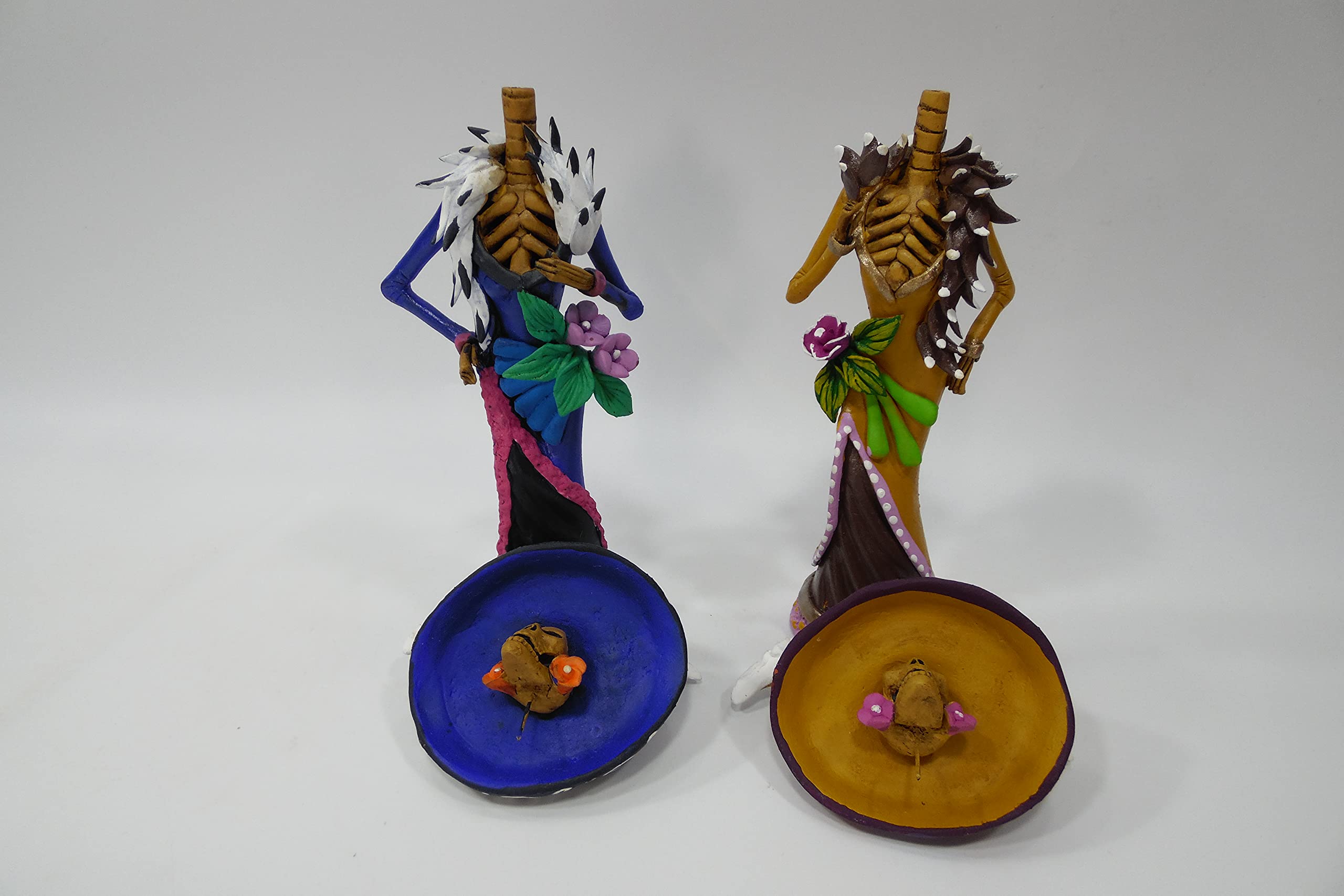 Set of 2 Handmade Mexican Day of the Dead Catrinas - 8 Inch Folk Art Fine Ceramic Decorations for Halloween, Dia de Muertos Altar & Home Decor