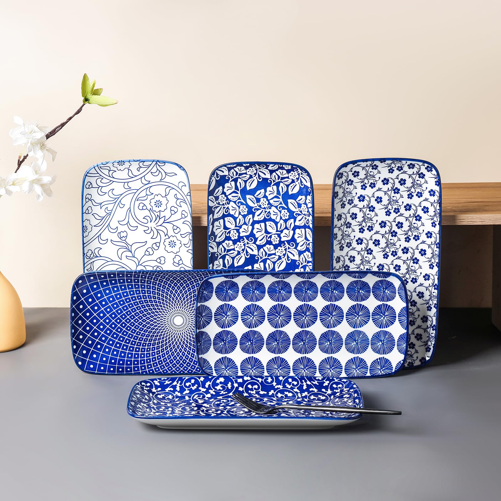 Selamica 12 Inch Ceramic Serving Platters - Set of 6 Large Rectangular Party Trays for Food Display, Appetizers & Entertaining - Vintage Blue Dinnerware for Weddings, Buffets & Holiday Gatherings