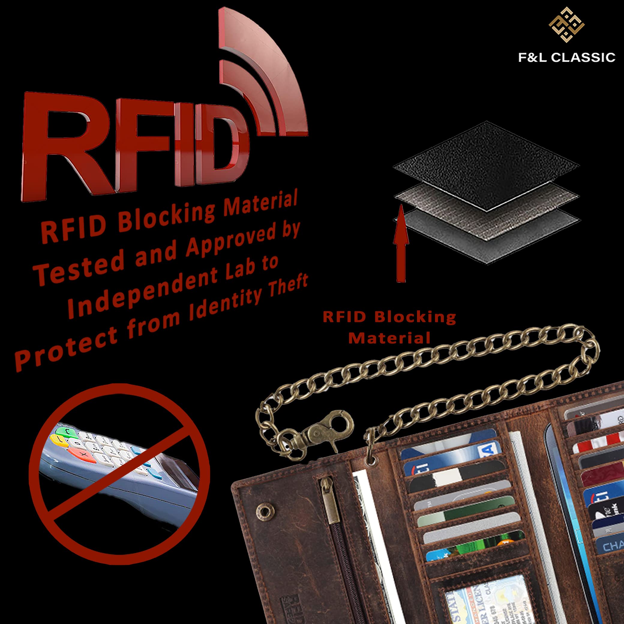 F&L CLASSIC RFID Blocking Men's Tri-Fold Long Wallet - Genuine Cowhide Leather with Steel Chain - Vintage Buffalo Leather Design - Perfect for Travel, Business & Everyday Use