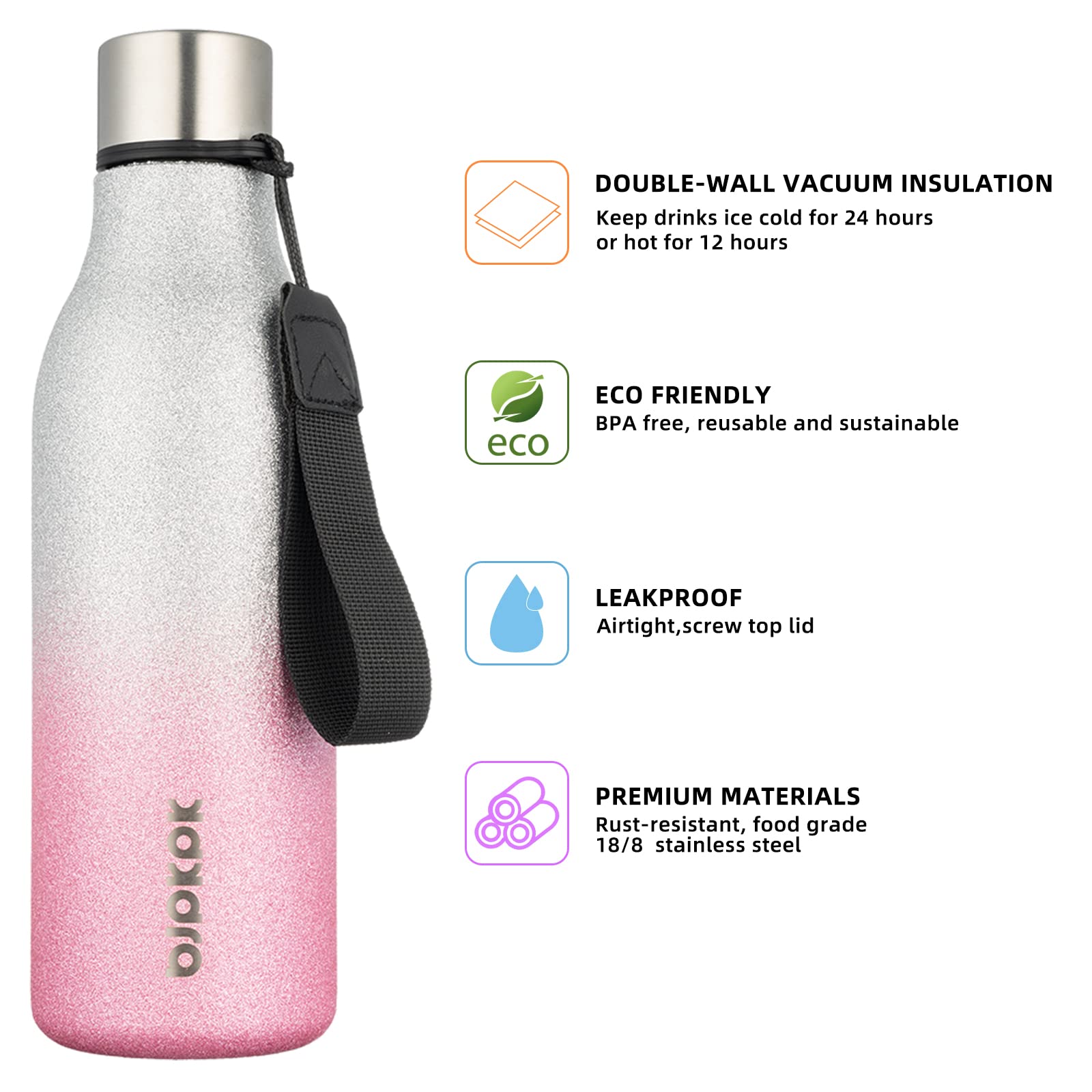 BJPKPK 18 oz Insulated Stainless Steel Water Bottle with Strap - BPA Free, Leak Proof, Double Wall Vacuum Thermos for Hot & Cold Drinks - Reusable Sports & Travel Water Bottle (Sparkling Silver Pink) - Perfect for Gym, Hiking, Camping and Outdoor Activities