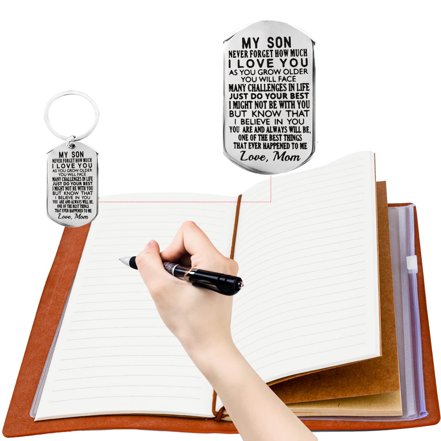 Personalized Leather Journal for Son - Thoughtful Birthday Gift from Mom, Engraved Keychain & Keepsake for Adult Son - Perfect for Graduation, Holidays & Special Moments