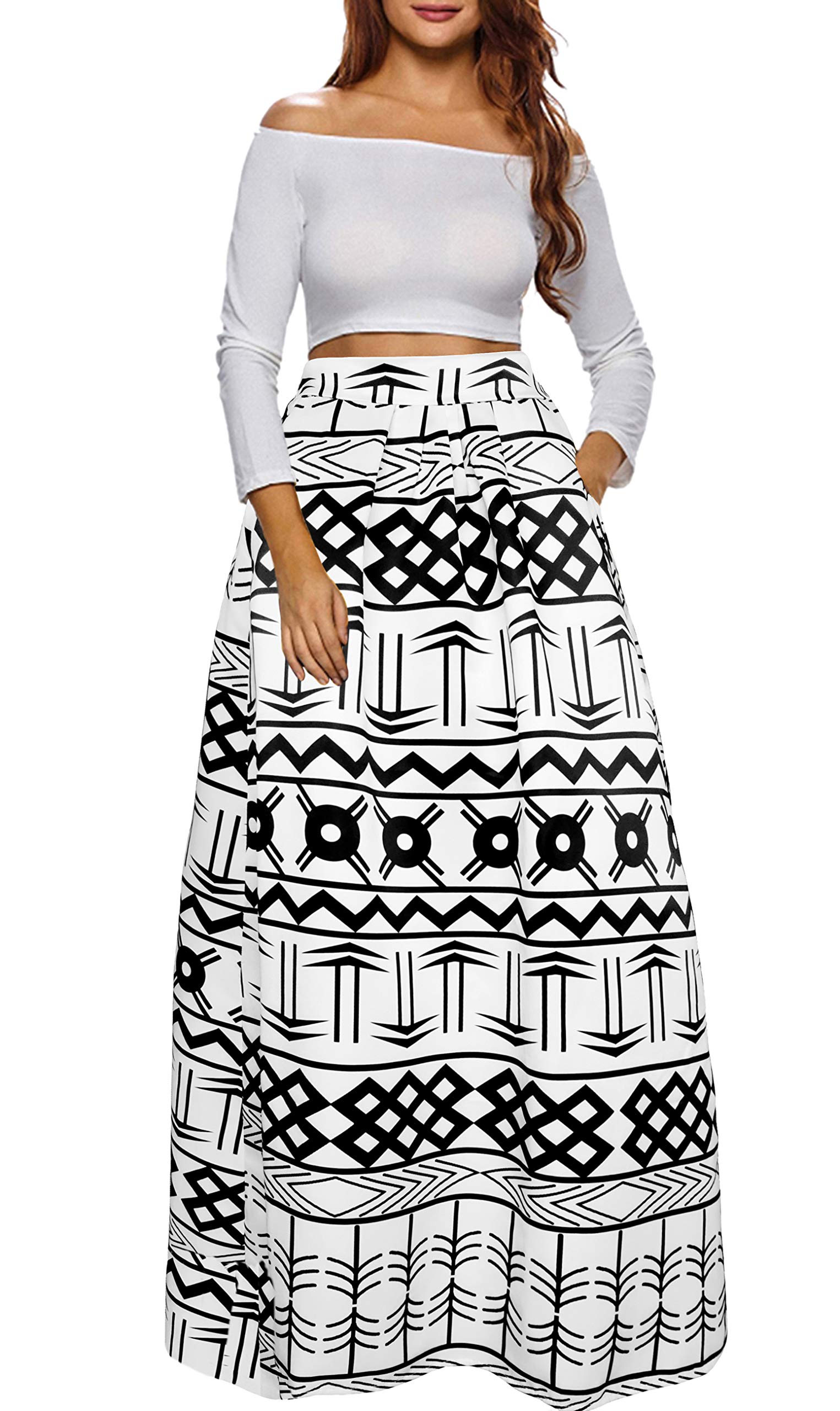 Afibi Women's African Print Maxi Skirt - Flared A-Line Long Skirt with Pockets (Sizes S-5XL) | Boho Chic Summer Dress for Beach, Vacation & Casual Outings