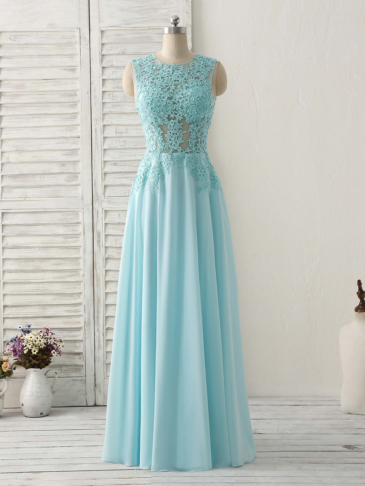 Elegant Blue Round Neck Lace Chiffon Long Prom Dress - Formal Evening Gown for Homecoming, Ball, Wedding & Special Occasions