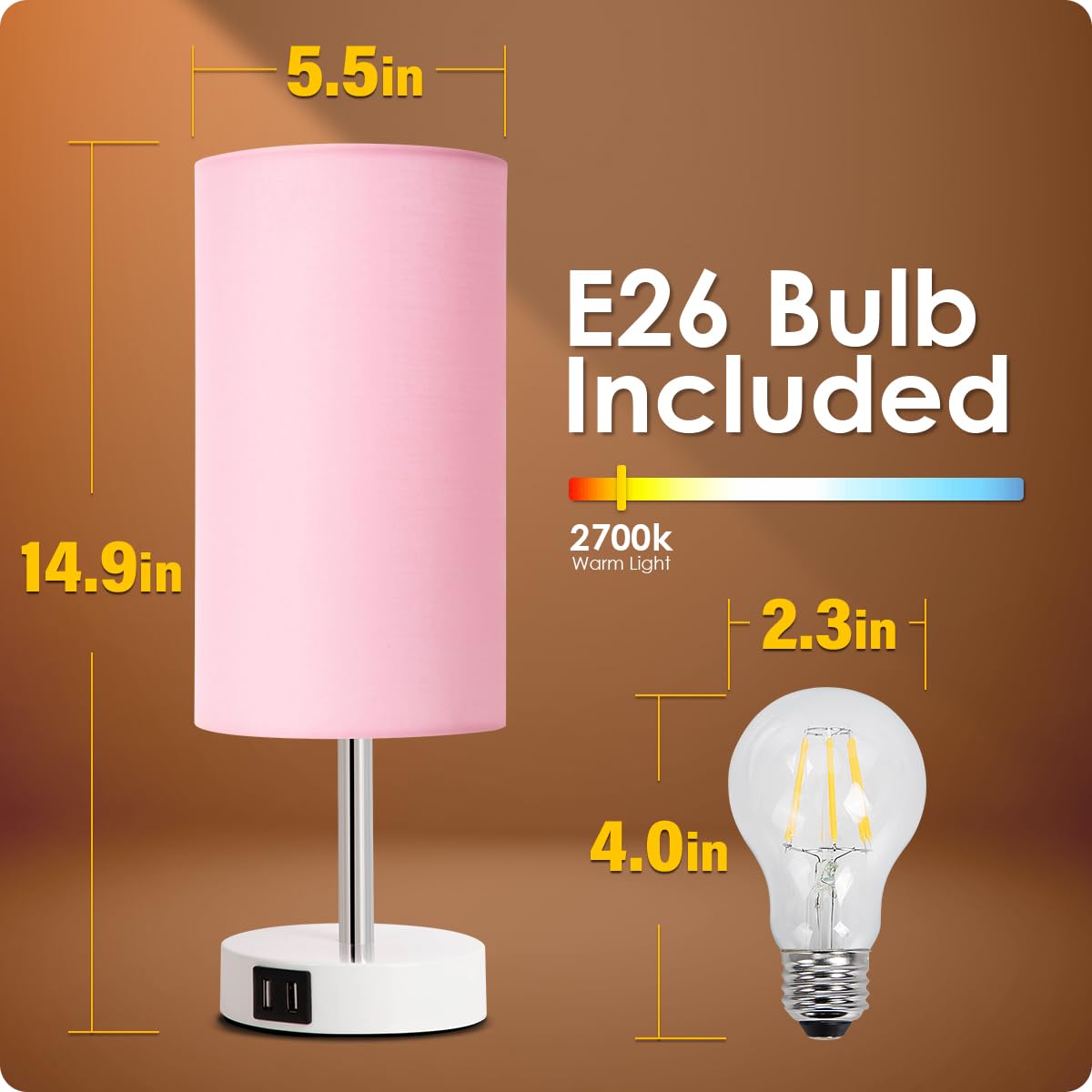 Yarra-Decor Modern Wood Bedside Lamp with USB Port & Touch Control - 3-Way Dimmable Nightstand Lamp with Round Pink Fabric Shade for Bedroom, Living Room, Kids Room, Office & College Dorm - Perfect for Reading, Relaxing & Nighttime Use