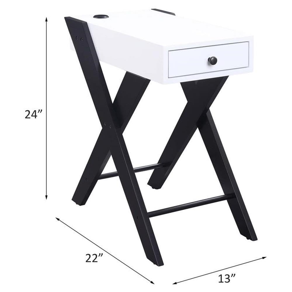 Acme Fierce Wooden Side Table with USB Charging Port - Modern Nightstand in White & Black - Perfect for Bedroom, Living Room & Office Use