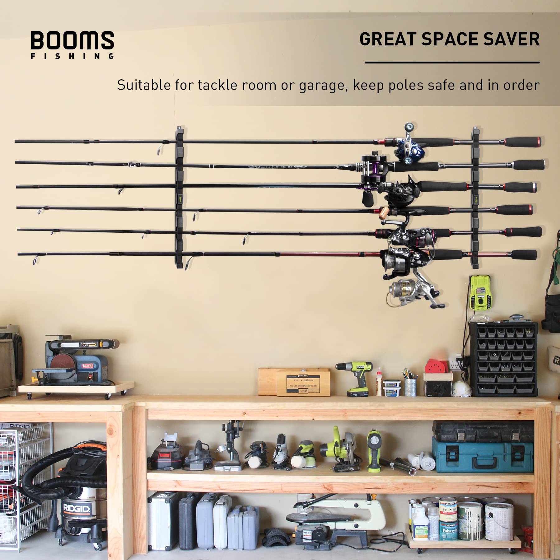 Booms Fishing WV5 Horizontal Fishing Rod Holder - Wall Mounted Garage & Kayak Storage Rack for 6 Rod and Reel Combos (14.6
