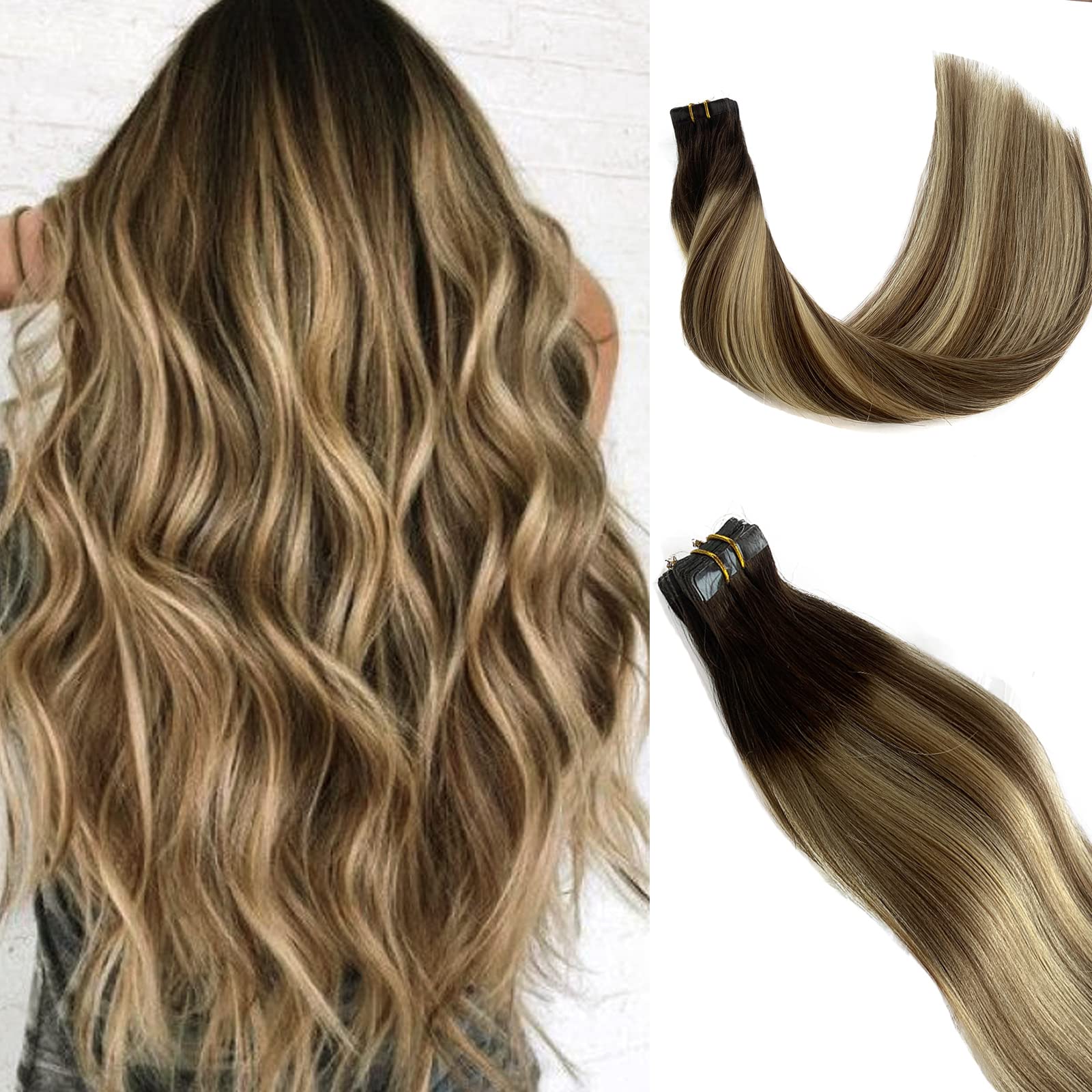 Premium 24Inch Blonde Tape-In Hair Extensions - 100% Human Remy Hair with Ash Brown to Bleach Blonde Highlights | Invisible Skin Weft for Seamless Blending | Perfect for Daily Wear, Parties, Weddings & Special Occasions
