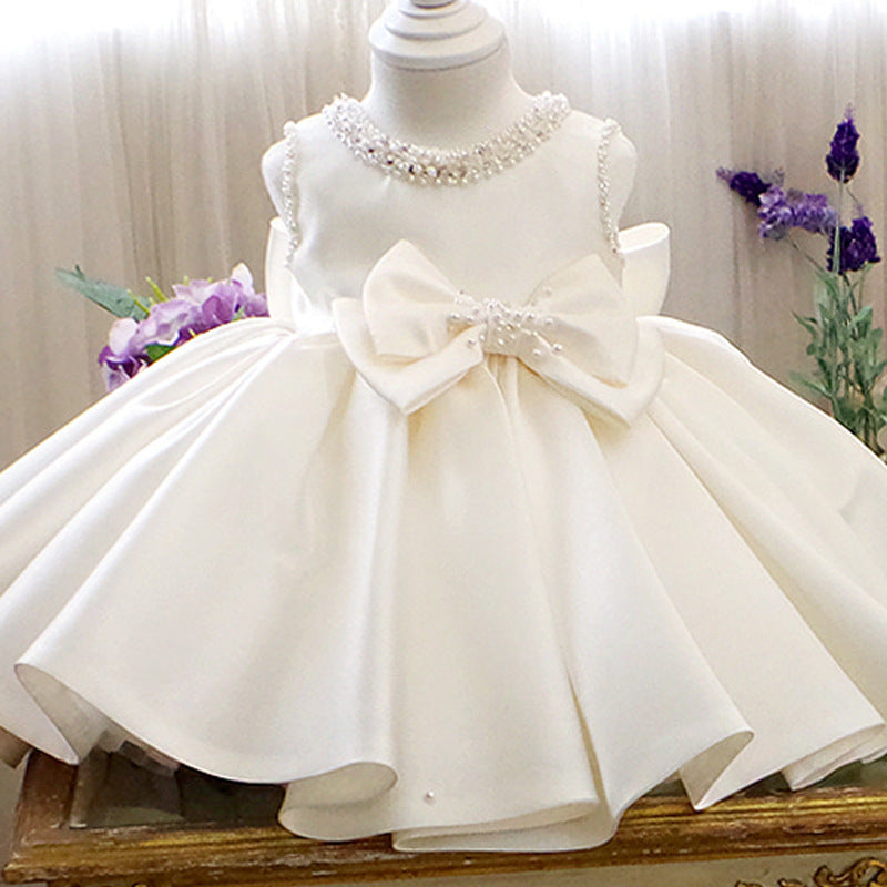 White Satin Princess Flower Girl Dress - Sleeveless Bow Detail Formal Gown for Weddings, Baptisms & Special Occasions