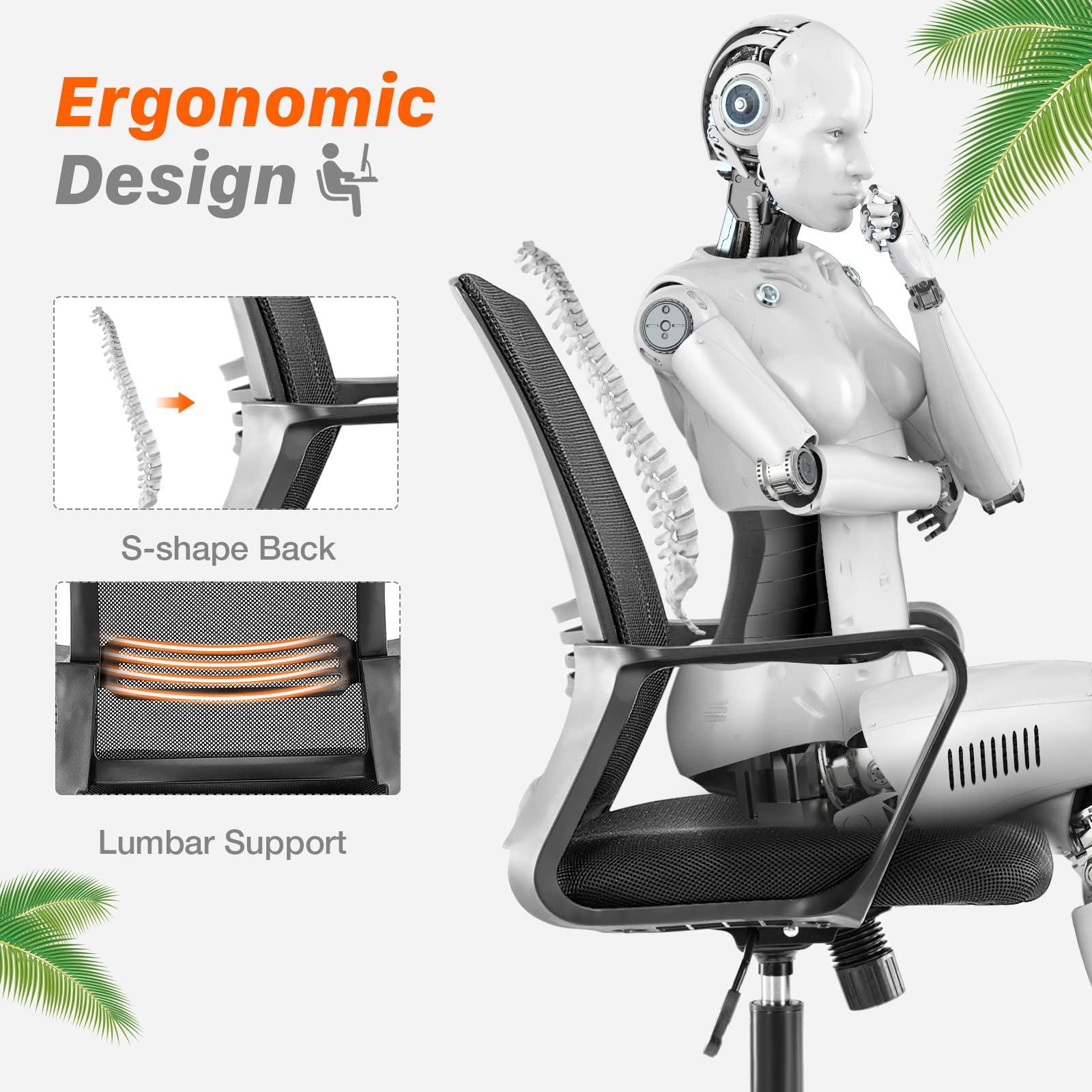 Ergonomic AFO Task Mid-Back Office Chair with Lumbar Support - Dark Black - Perfect for Home Office, Gaming & Workspaces