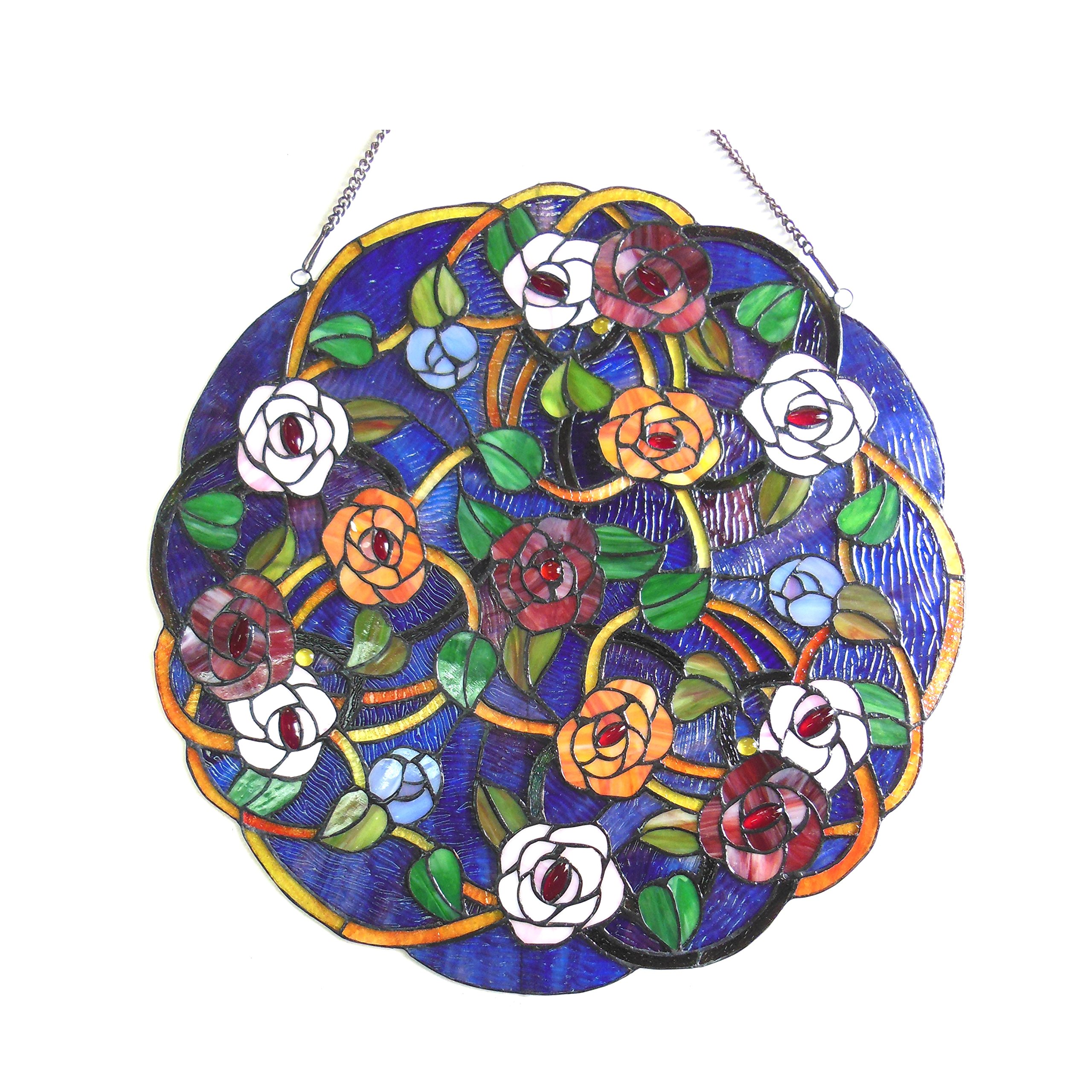 Tiffany-Style Stained Glass Roses Window Panel - 24 Inch Handcrafted Art Glass Decor for Home, Church & Office