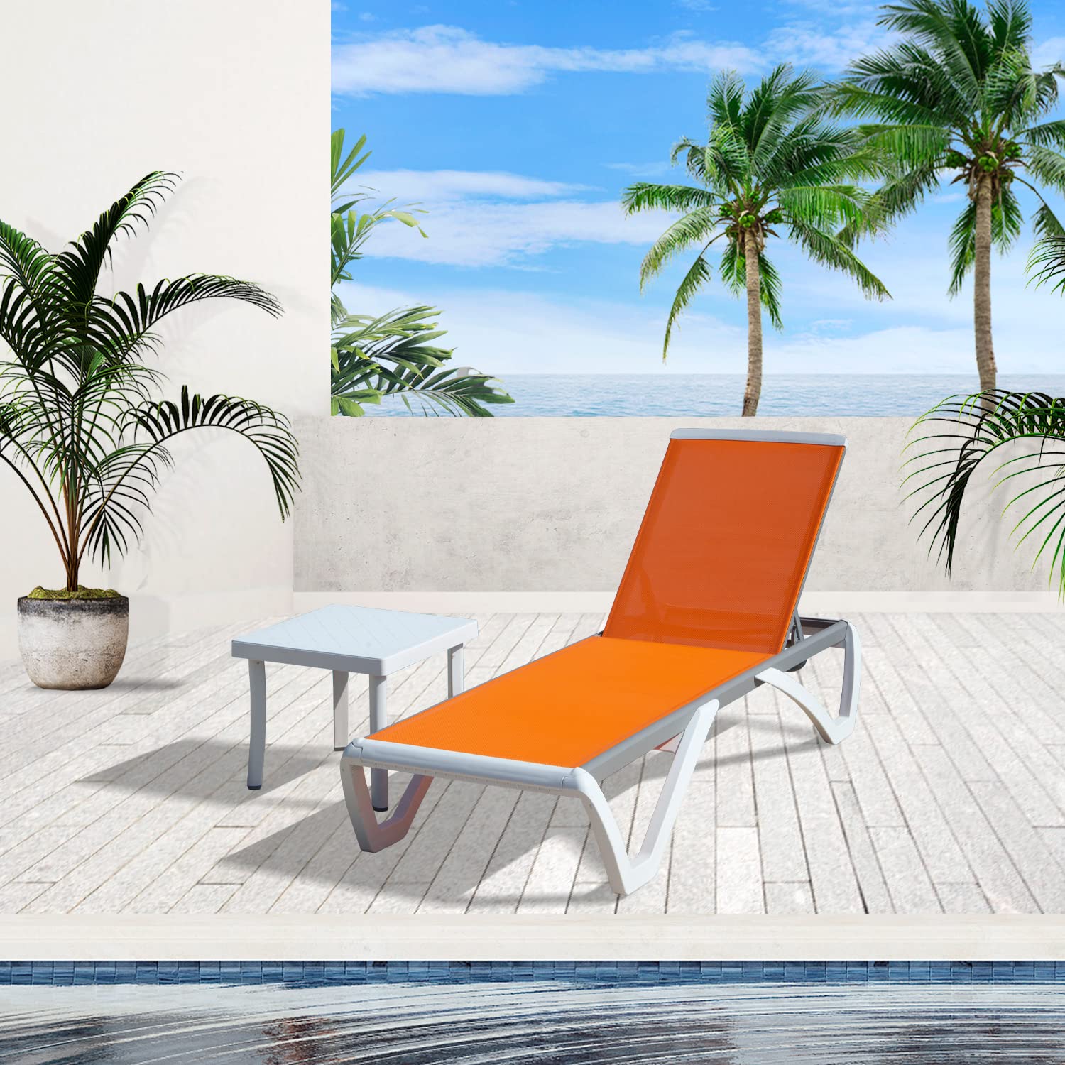 Premium Adjustable Aluminum Pool Lounge Chair - All-Weather Textilene Outdoor Chaise with Side Table - Perfect for Poolside, Deck, Lawn & Backyard Relaxation (Orange)
