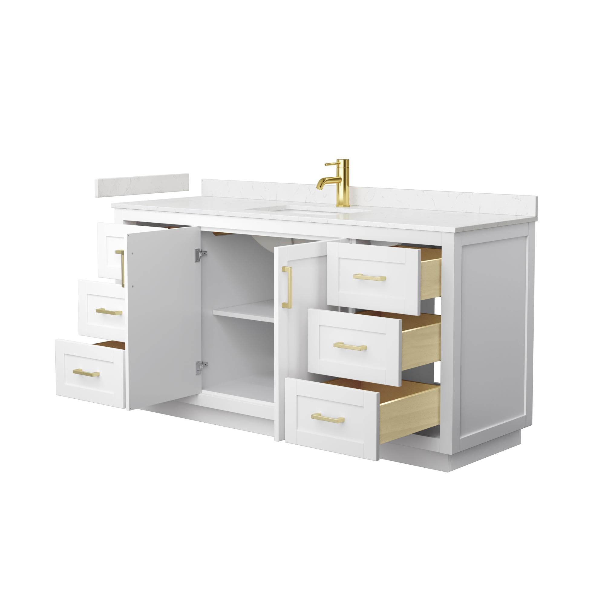 Wyndham Collection Miranda 66 Inch White Bathroom Vanity with Light-Vein Carrara Cultured Marble Countertop, Undermount Square Sink & Brushed Gold Trim – Perfect for Modern Master Bathrooms and Powder Rooms