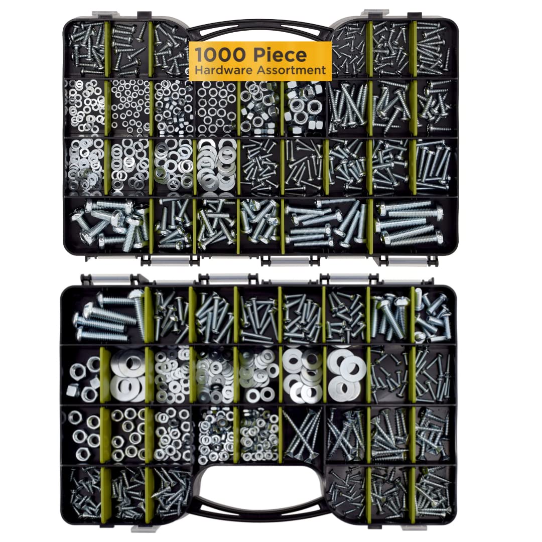 Jackson Palmer 1000-Piece Hardware Assortment Kit with Screws, Nuts, Bolts & Washers - Double-Sided Storage Case for Home Repairs, DIY Projects & Workshop Organization