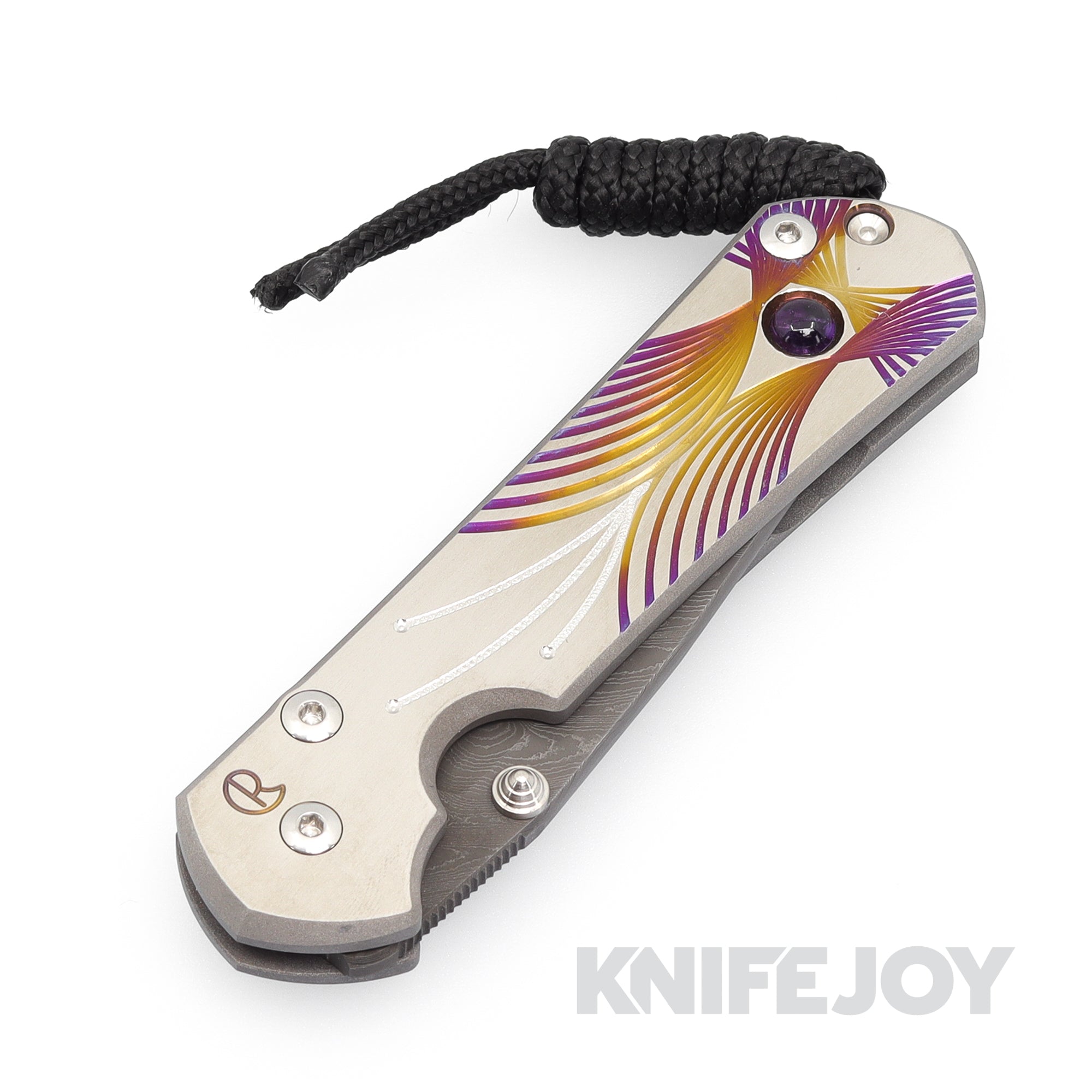 Chris Reeve Knives Small Sebenza 31 Folding Knife - Damascus Steel Drop Point Blade with Amethyst Cabochon & Boomerang Graphic Handle | Premium EDC Pocket Knife for Outdoor, Camping & Collectors