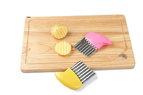 Stainless Steel Potato Slicer - 3PC French Fry Cutter Set with Corrugated & Wave Blades (Pink, Yellow, Blue) - Perfect for Home Kitchen, Fast Food Prep & Party Snacks