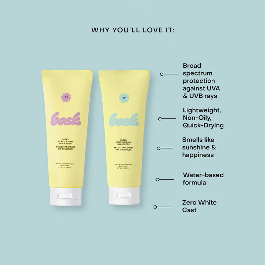 Bask SPF 50 Sheer Moisturizing Lotion - Lightweight Daily Sunscreen for Face & Body, Hydrating & Non-Greasy - Perfect for Beach, Pool & Outdoor Activities