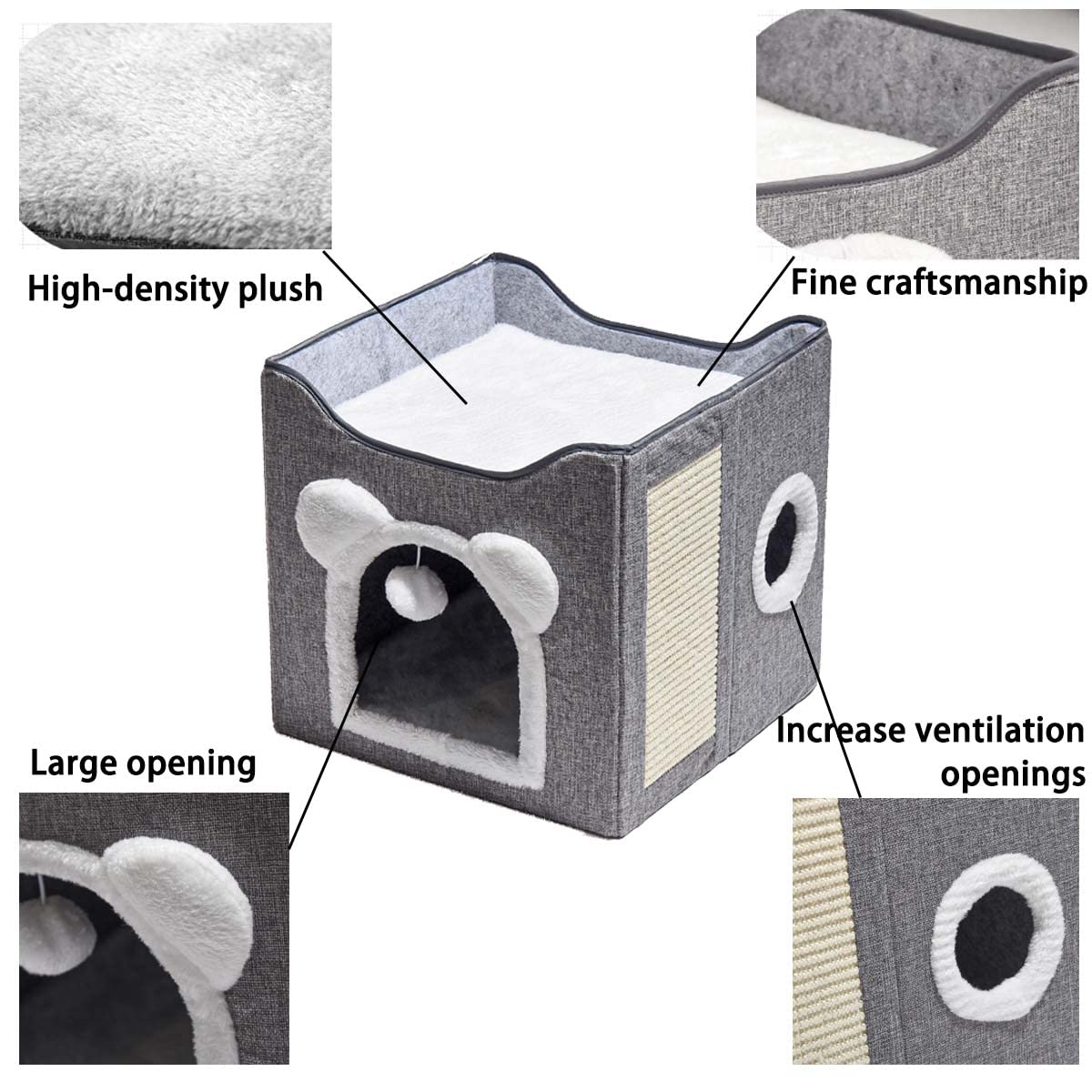 Premium Foldable Cat Bed House for Indoor Cats - Large Cozy Cave with Fluffy Hanging Ball & Scratch Board - 15.35