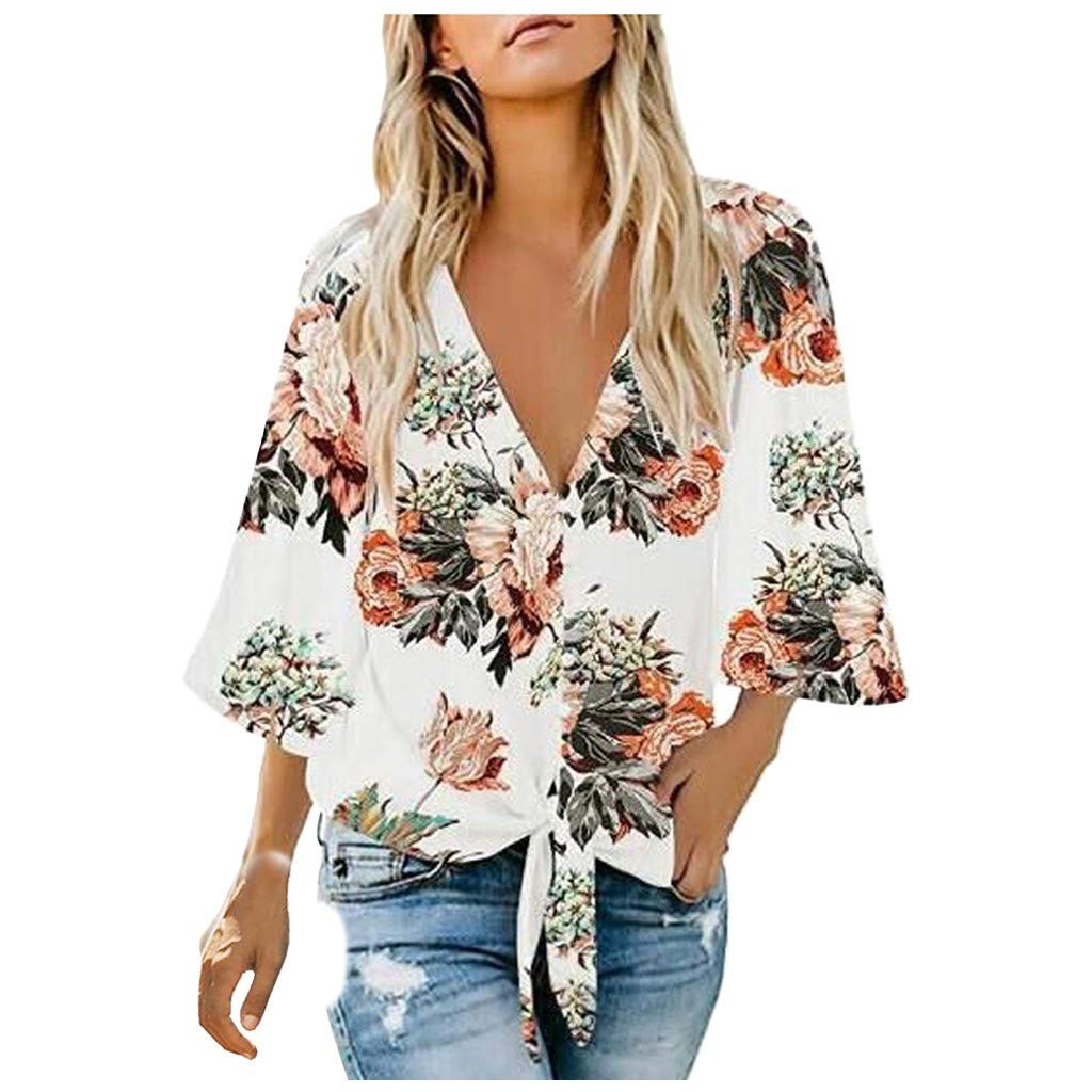 Trendy Women's 3/4 Sleeve V-Neck Floral Button-Down Blouse with Bow Tie Knot - Perfect for Summer Workwear & Casual Outings