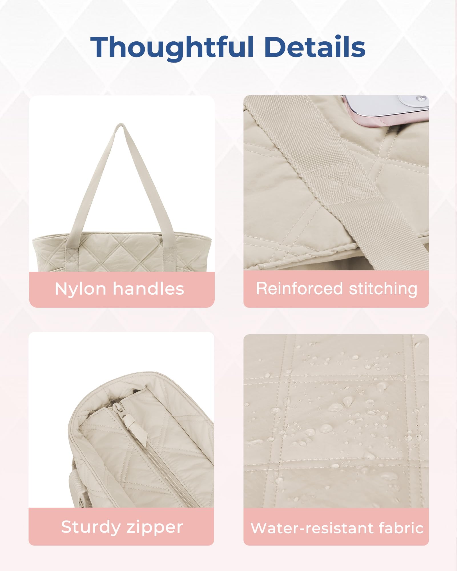 BAGSMART Quilted Puffer Tote Bag for Women - Zippered Carry On Travel Tote, Nurse Work Bag & Everyday Essentials Organizer - Perfect for Work, Travel, Gym & Shopping