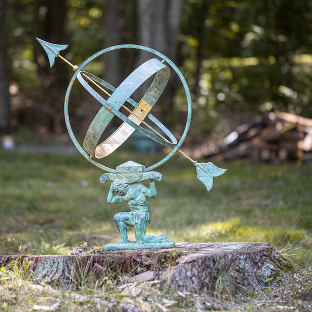 28 Inch Verdigris Atlas Armillary Sundial with Brass Accents – Outdoor Garden Decor, Patio & Yard Ornament for Classic Elegance
