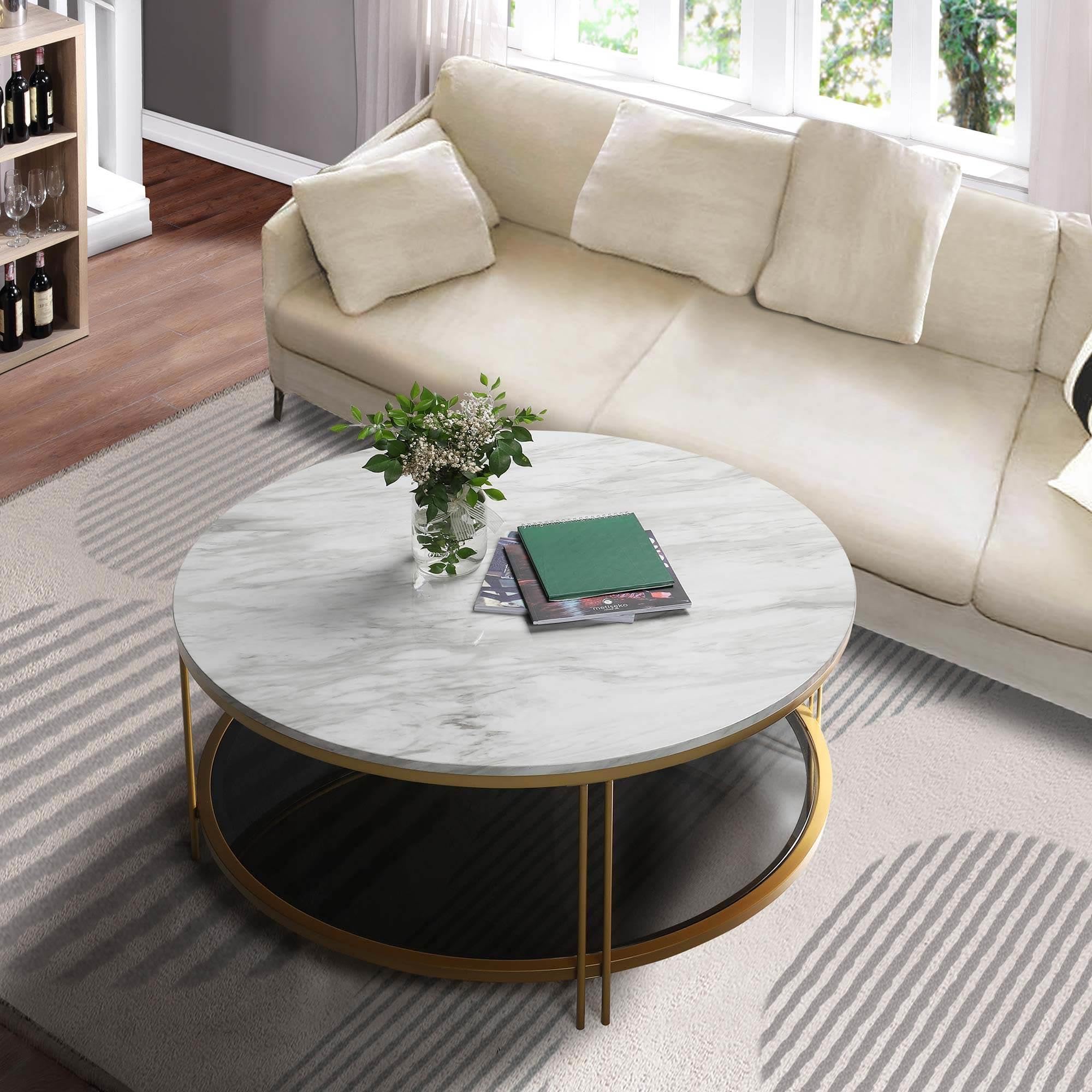 Round Gold Coffee Table with Marble Print Top - 2-Tier 36-Inch Modern Side Table for Living Room, Bedroom & Office Decor