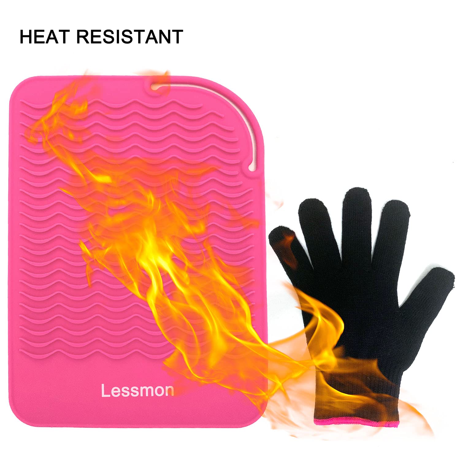Heat Resistant Travel Mat for Flat Irons & Curling Irons - 9” x 6.5” Pink Counter Protector with Glove | Portable Heat Shield for Hair Straighteners & Styling Tools | Perfect for Travel, Home & Salon Use