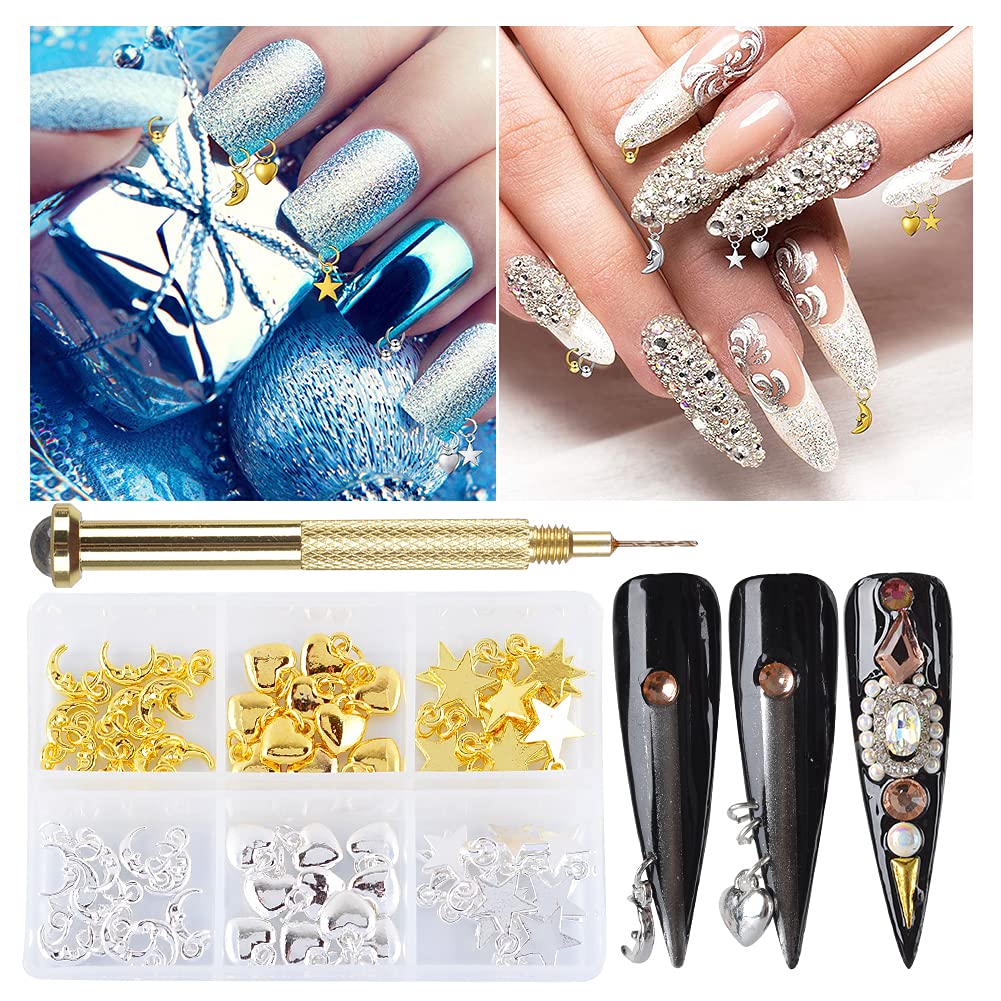**Gold Silver Moon Star Heart Nail Jewelry Rings with Piercing Tool - Hand Drill Nail Art Dangle Charms for Acrylic Nails DIY Decoration | Perfect for Nail Salons, Parties & Gifts**