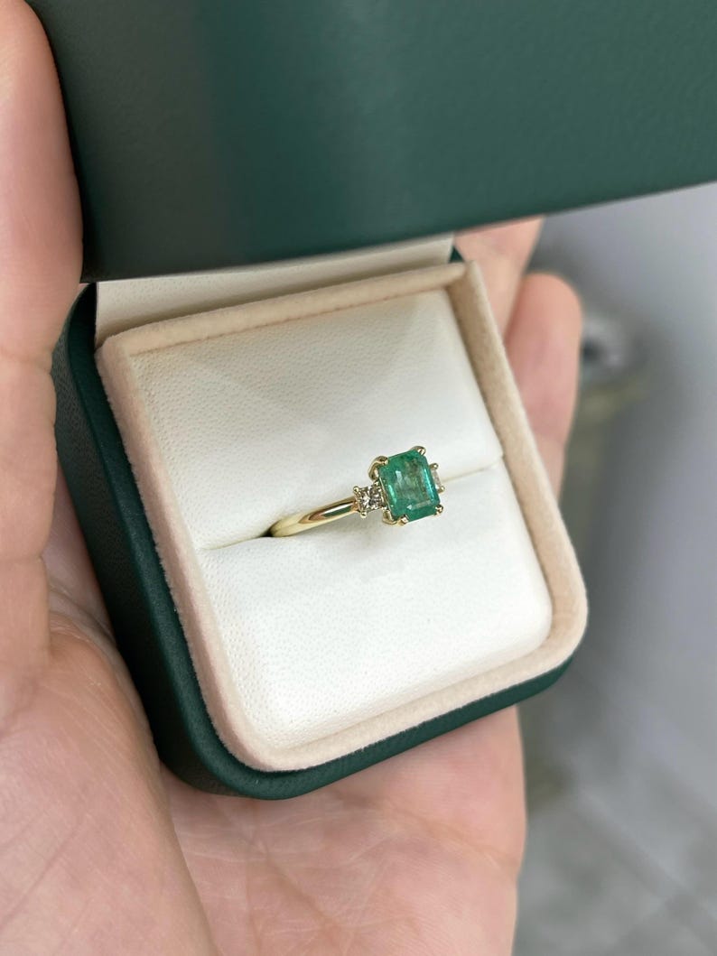1.08tcw 14K Gold Emerald Cut & Diamond Three Stone May Birthstone Ring for Women - Elegant Birthstone Jewelry Gift for Mother's Day, Anniversary & Special Occasions