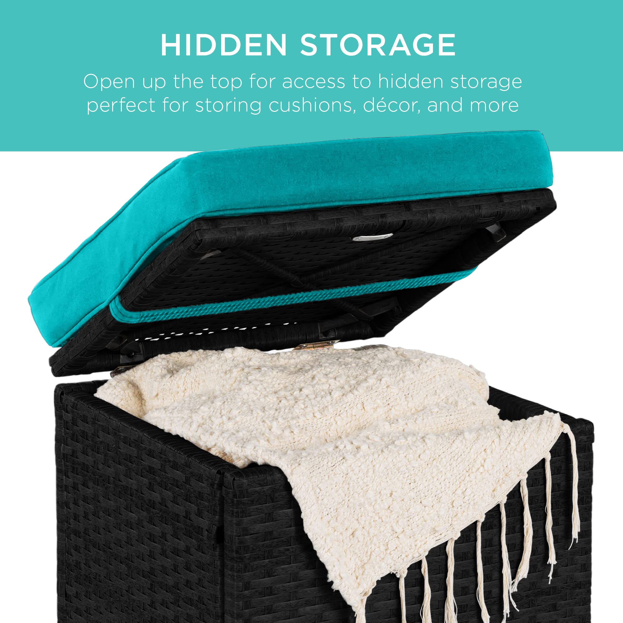 Best Choice Products Set of 2 Wicker Ottomans with Storage - Multipurpose Outdoor Furniture for Patio, Backyard, Garden | Extra Seating, Footrest, Side Table | Removable Cushions, Black/Teal | Perfect for Lounging, Entertaining & Small Space Storage