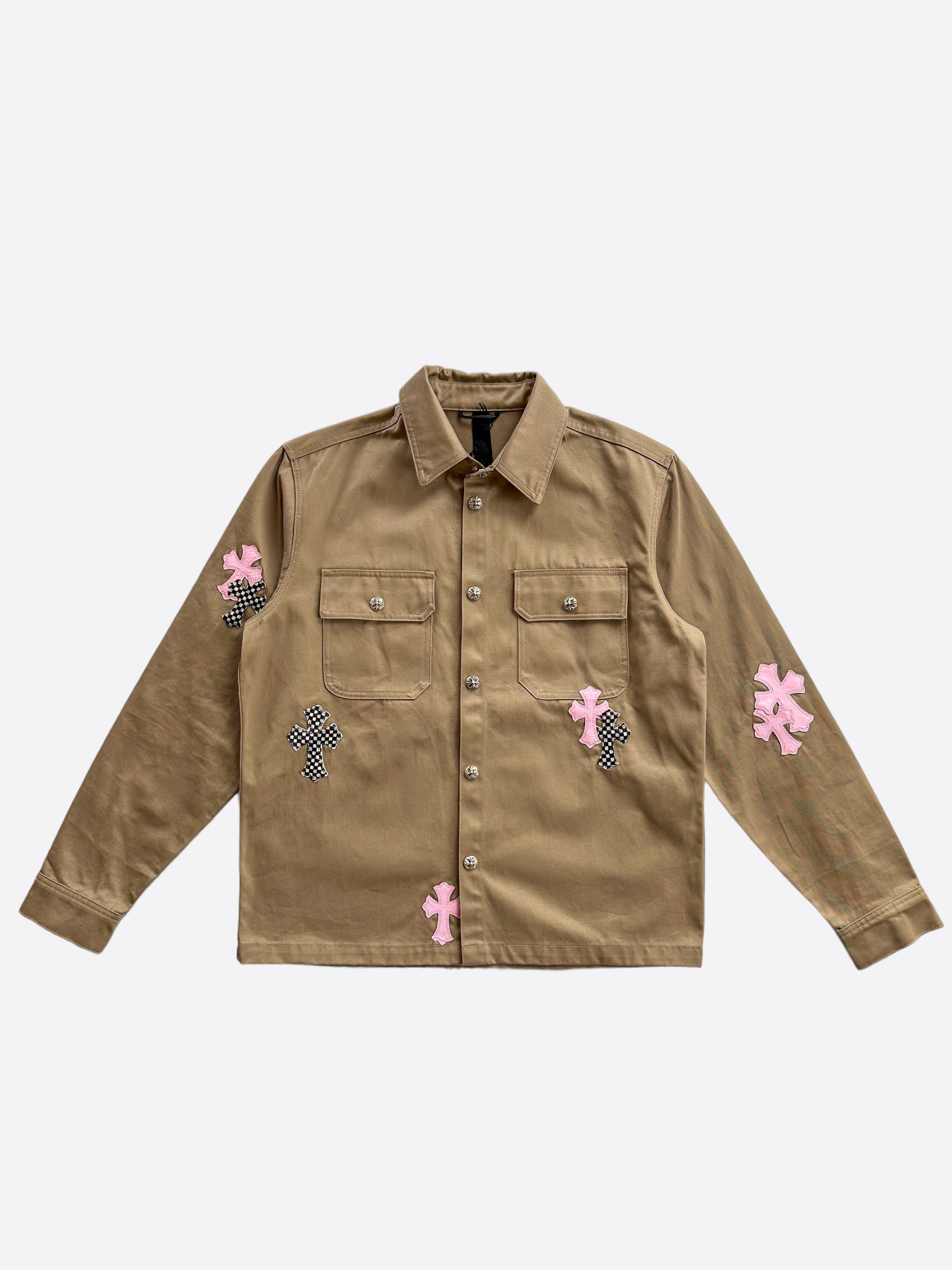 Chrome Hearts Tan Pink & Checkered Cross Patchwork Dog Jacket - Stylish Punk Pet Apparel for Small to Medium Dogs - Perfect for Outdoor Adventures & Fashionable Streetwear