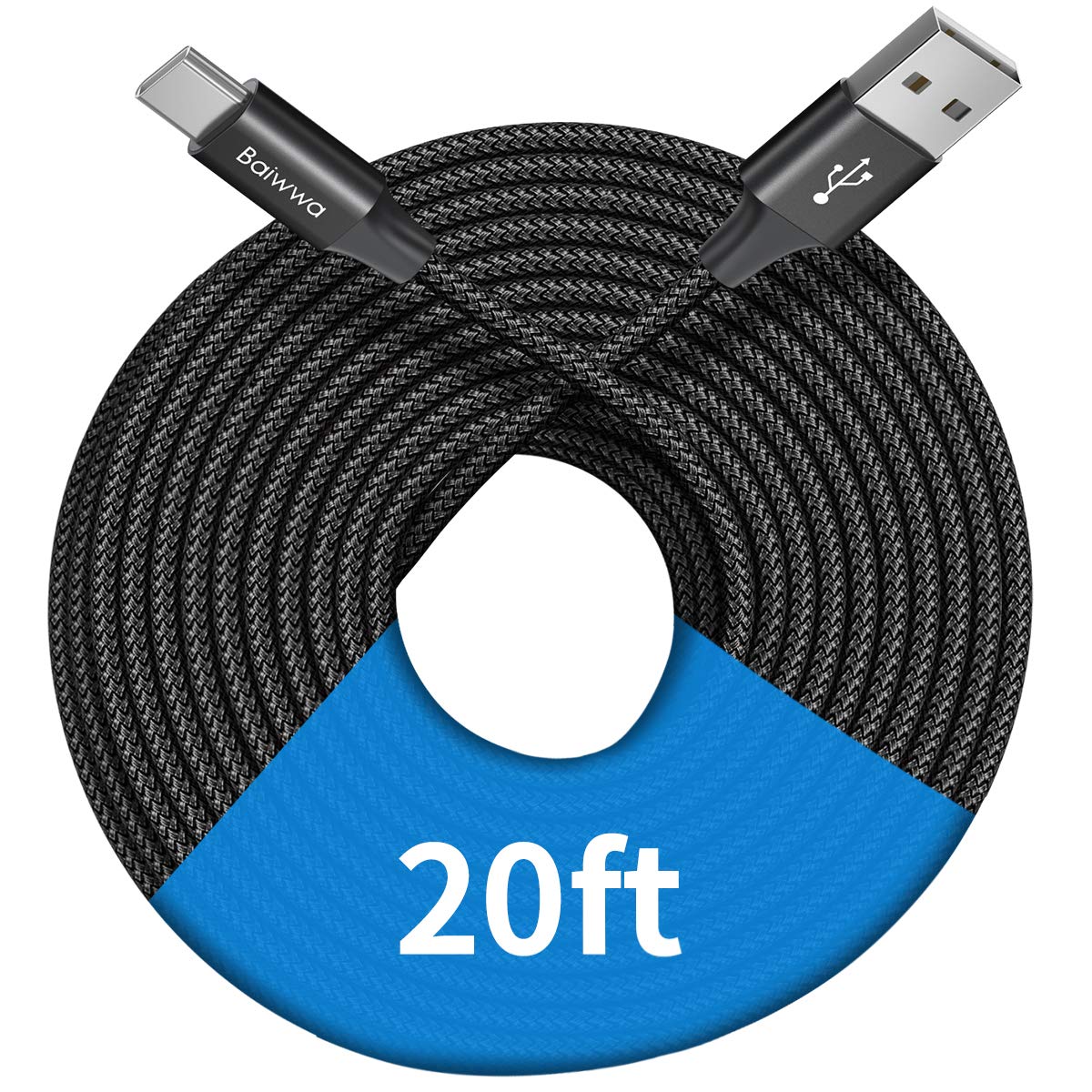 Baiwwa 20ft USB C to USB A Cable Fast Charging Braided Nylon Cord Compatible with iPhone 16/15 Series, Samsung Galaxy Note/Tab, Moto, LG, Pixel & More - Durable Long Charger for Home, Office & Travel Use