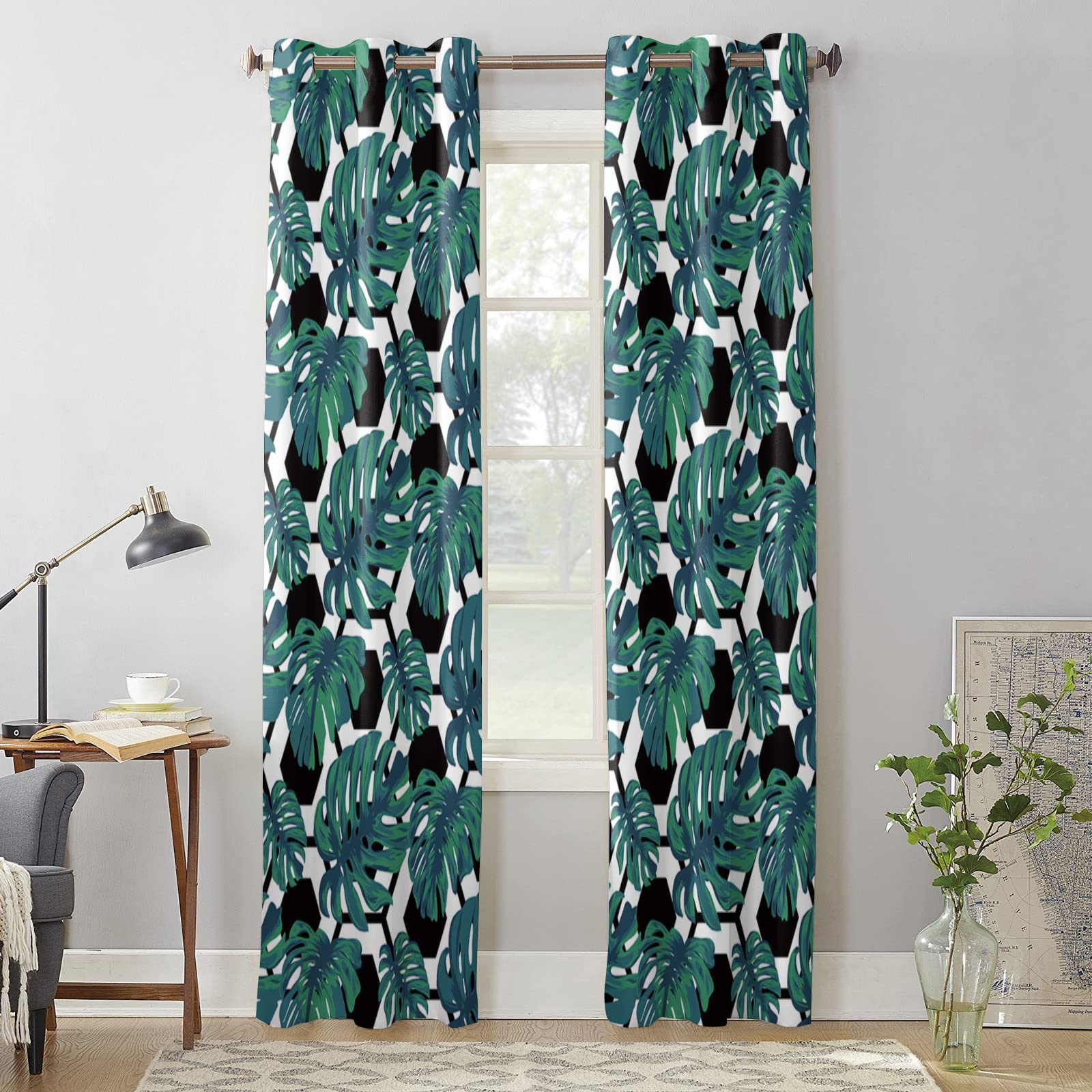 84 Inch Tropical Green Window Curtains with Palm Leaf Design - 2 Panel Grommet Drapes for Kitchen, Cafe, Living Room, Bedroom & Laundry Room - Perfect for Summer Decor & Window Treatments