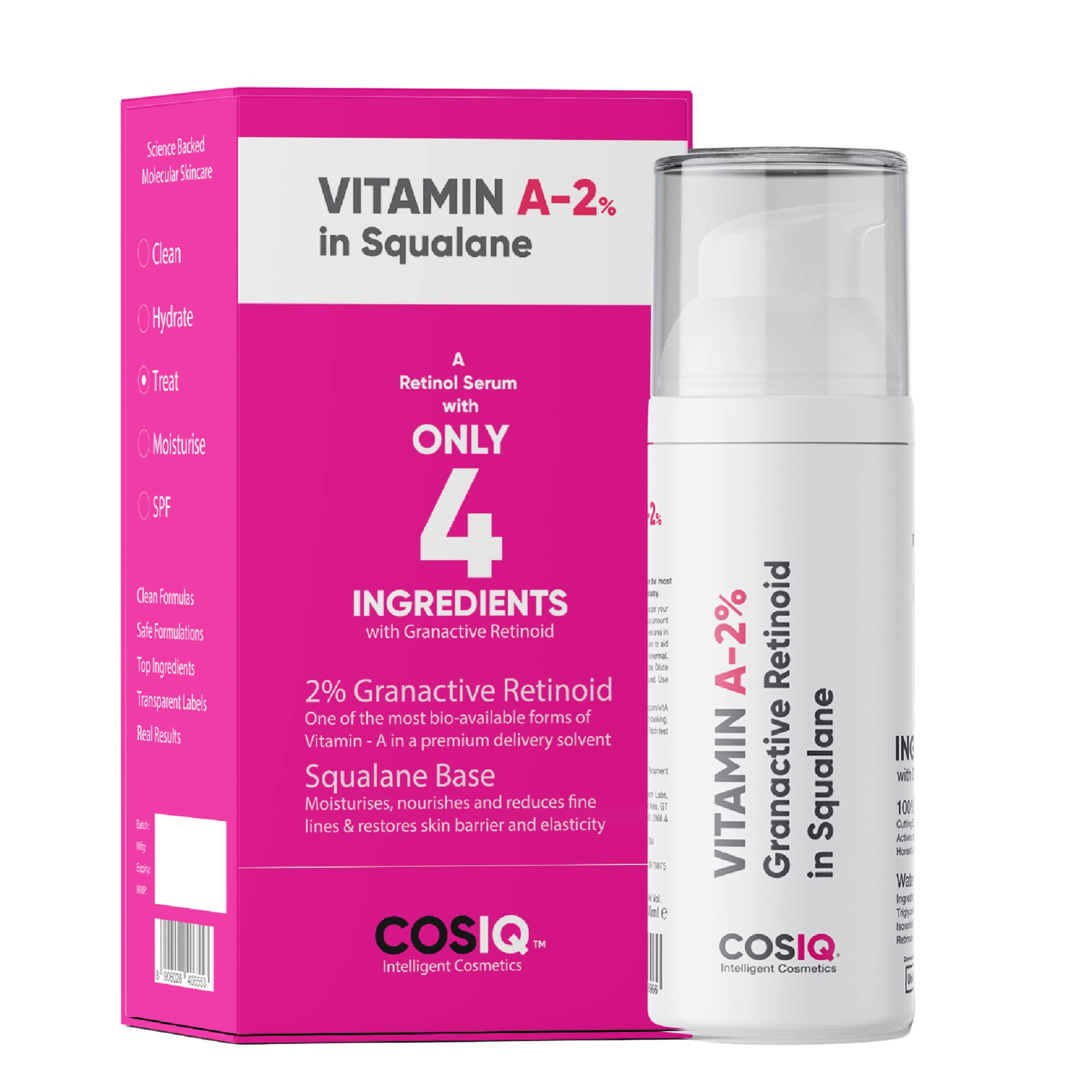 Cos-IQ 2% Granactive Retinoid Serum with Vitamin A in Squalane | Anti-Aging Face Serum for Wrinkles, Fine Lines & Acne Treatment | 4-Ingredient Retinol Night Serum for Women & Men | 30ml | Perfect for Nighttime Skincare Routine & Sensitive Skin Care