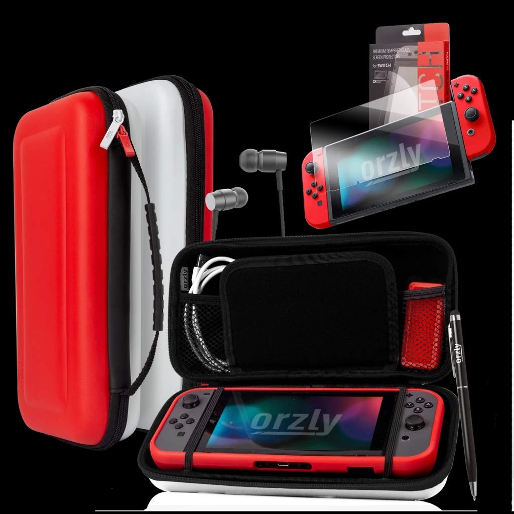 Orzly Nintendo Switch Accessory Bundle - Hard Travel Case, Tempered Glass Screen Protectors, USB-C Cable, Comfort Grip, Earbuds & Stylus (Red/Black/White) - Perfect for Switch Gaming Protection & On-the-Go Play
