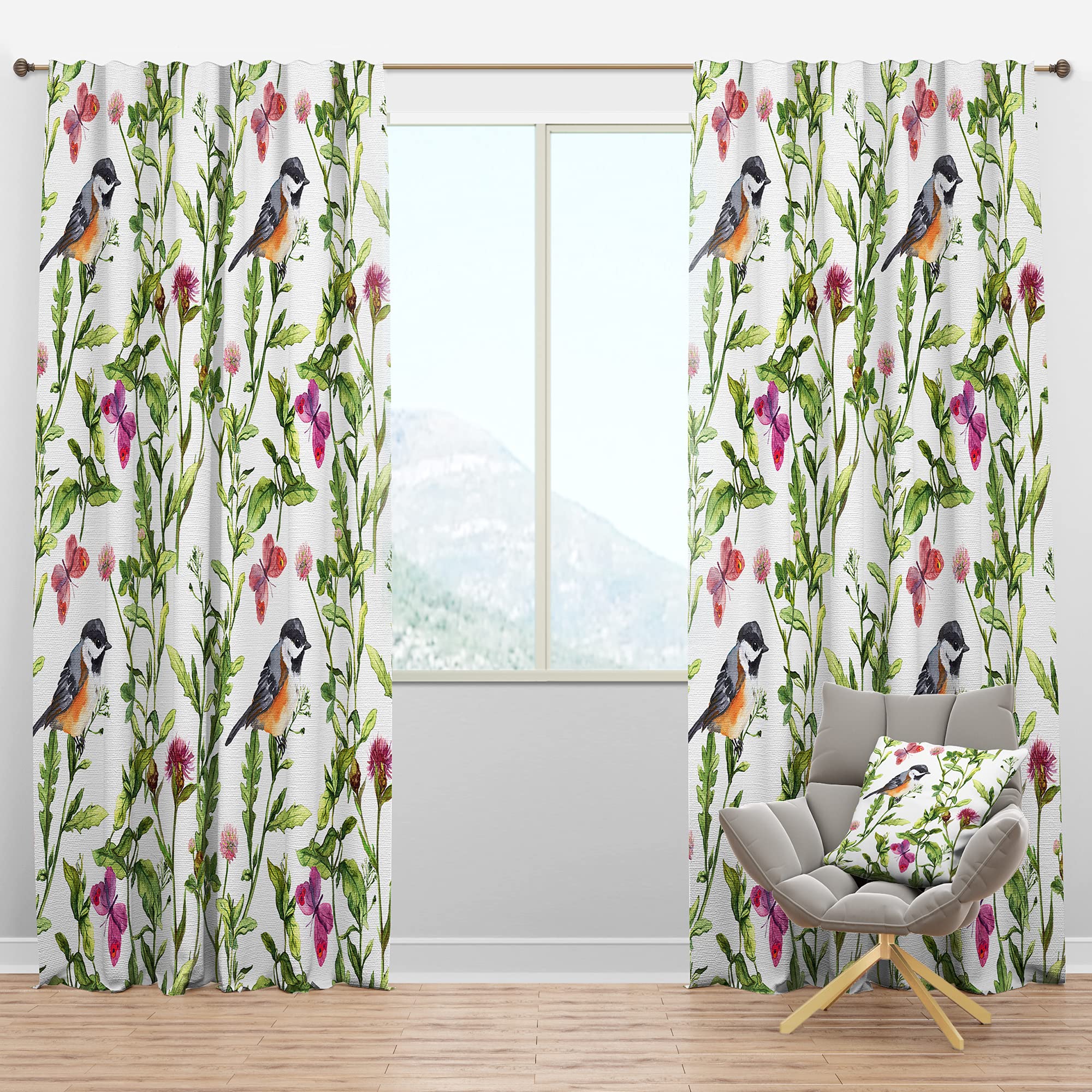 DesignQ Blackout Curtains - Meadow with Butterflies, Birds and Herbs - Thermal Insulated Room Darkening Drapes for Bedroom & Living Room (52x90, Single Panel) - Perfect for Home Decor, Light Blocking & Energy Saving
