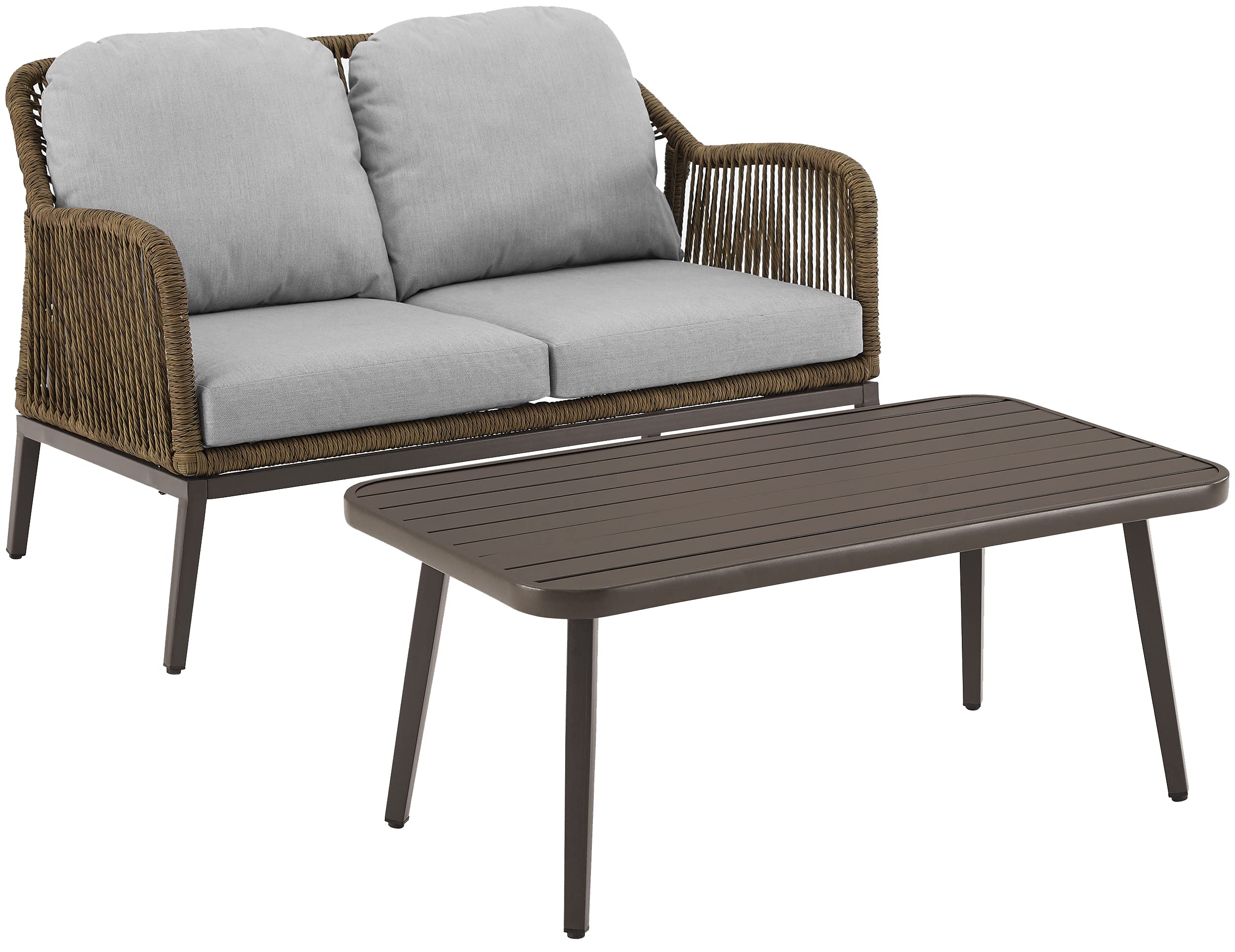 Crosley Furniture Haven 2-Piece Wicker Outdoor Coffee Table and Loveseat Set - Light Brown Patio Furniture with Gray Cushions for Porch, Garden & Backyard Relaxation
