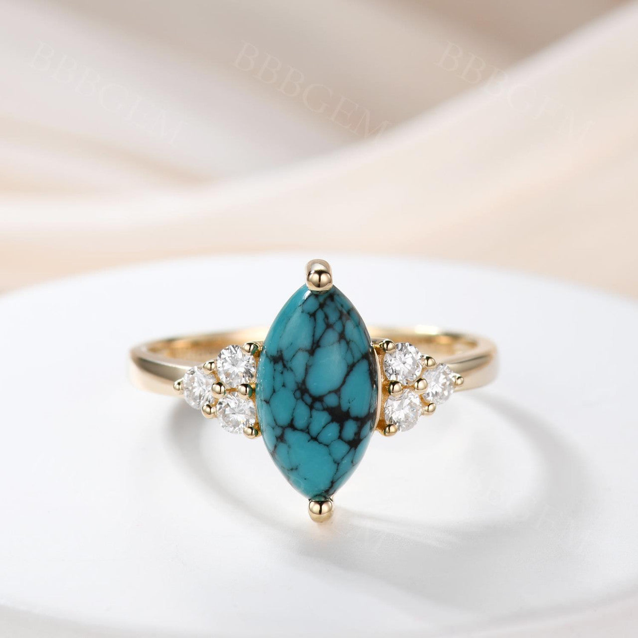 Marquise Turquoise Engagement Ring with Three Diamond Side Stones in 14k Gold Band - Perfect for Proposals, Weddings & Anniversary Gifts