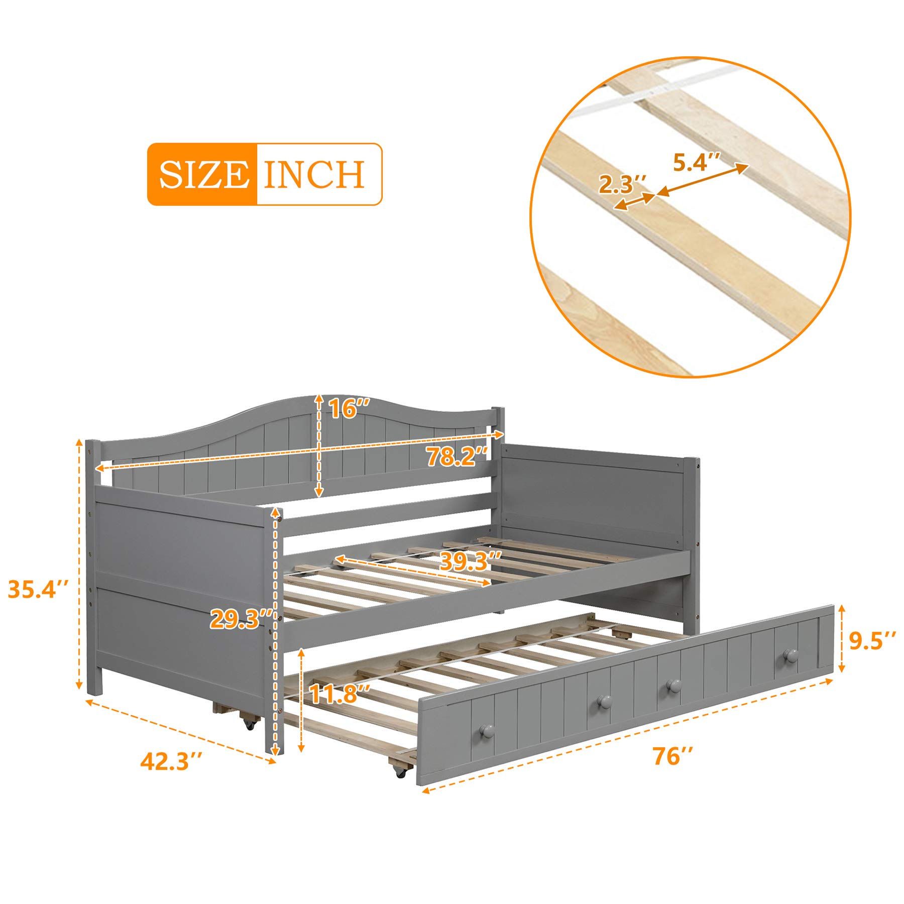 P PURLOVE Twin Daybed with Trundle - Wooden Sofa Bed Frame for Bedroom & Living Room - Space Saving Guest Bed (Gray) - Perfect for Small Spaces, Sleepovers & Multi-Functional Furniture Needs