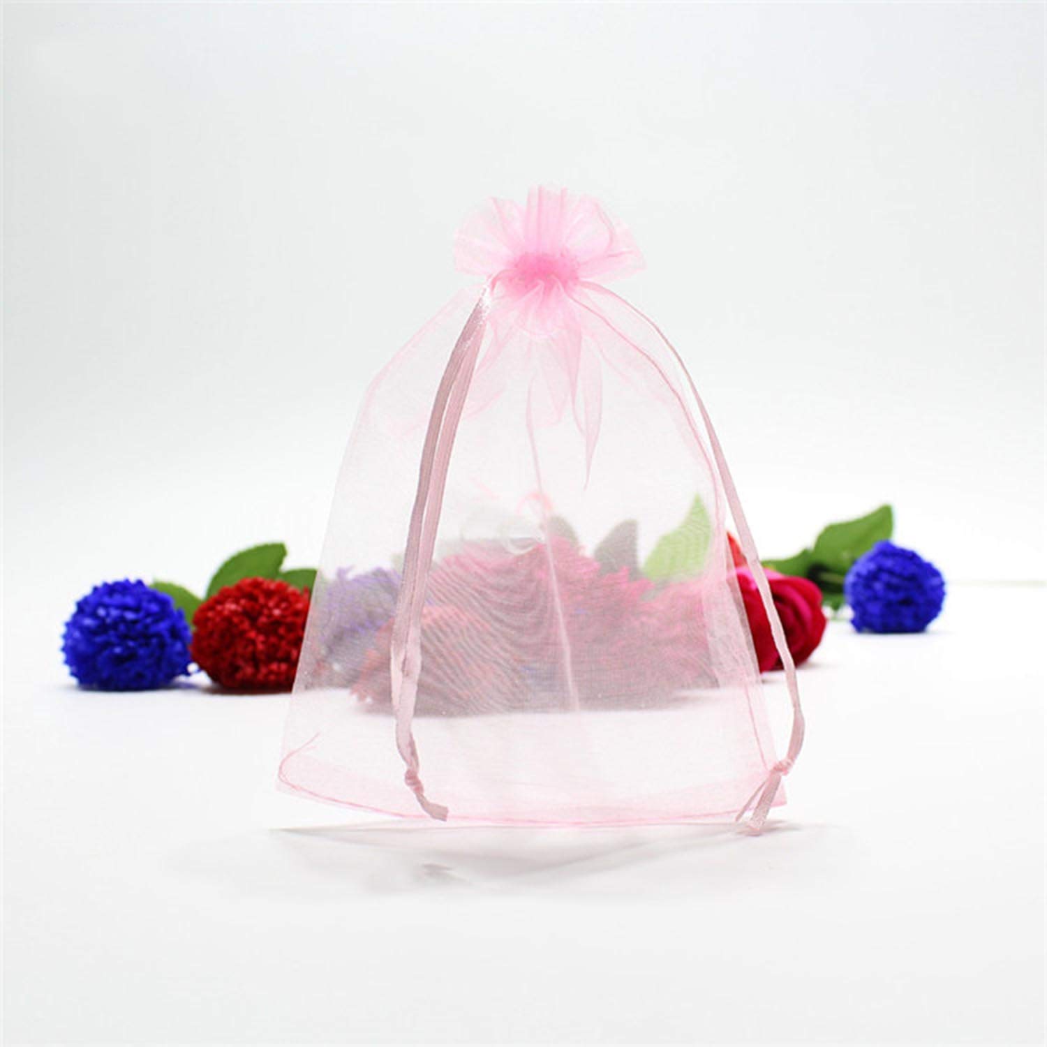 100 Pcs 5x7 Inches Pink Organza Gift Bags with Drawstring Satin Ribbon - Sheer See-Through Fabric Favor Pouches for Baby Shower, Wedding, Party Favors & Decorations - Perfect for Jewelry, Card Deck, Holiday Gifts & Special Occasions