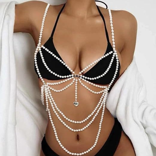 2025 Q5042Y Fashion Pearl Bra Top - Elegant Small Vest with Body Chain & Chest Chain - Real Shot - Perfect for Night Out, Party, and Festival Outfits