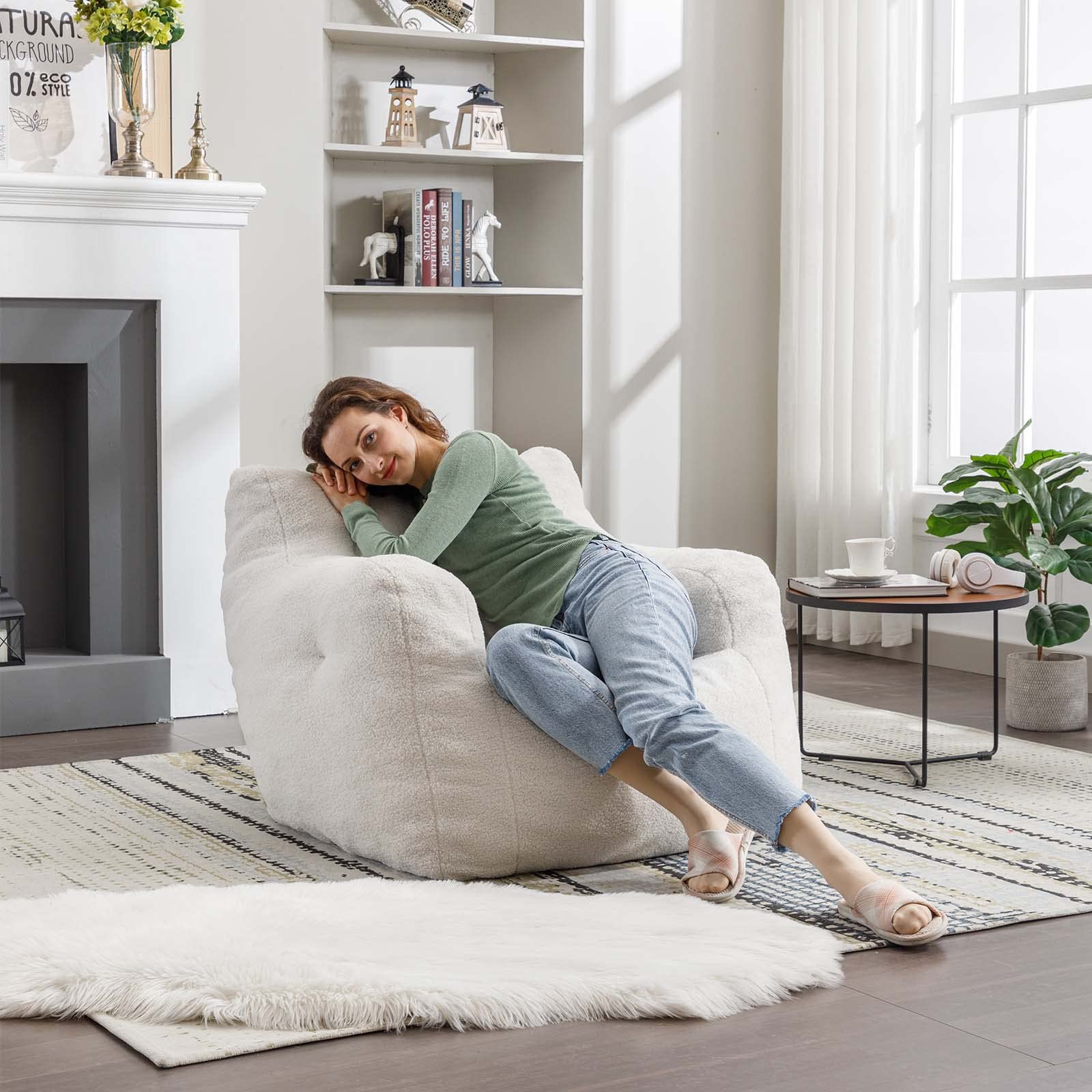Antetek Ultra Soft Teddy Fabric Bean Bag Chair for Adults & Kids - Modern Accent Chair for Living Room, Bedroom, Apartment - Ivory | Cozy Seating for Relaxation, Gaming & Movie Nights